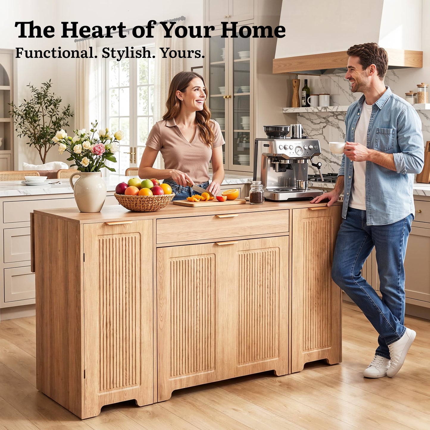 YITAHOME Expandable Kitchen Island with Hidden Trash Cabinet, 55.1" Rolling Kitchen Island with Drop Leaf, Storage Drawer & 3-Tier Side Shelves, Mobile Kitchen Island on Wheels with Towel Bar & Hooks