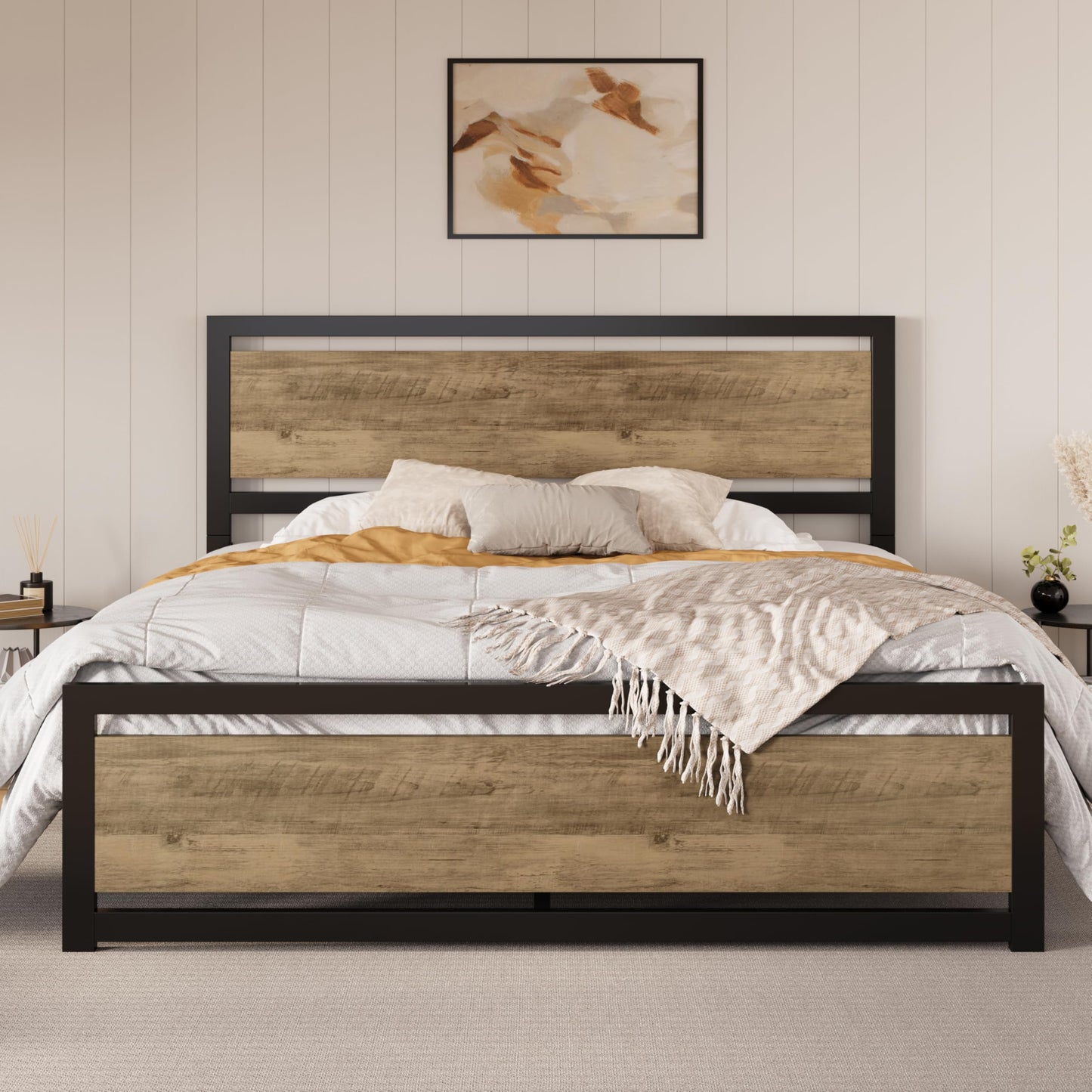 SHA CERLIN Heavy Duty King Size Bed Frame with Modern Headboard, Brown