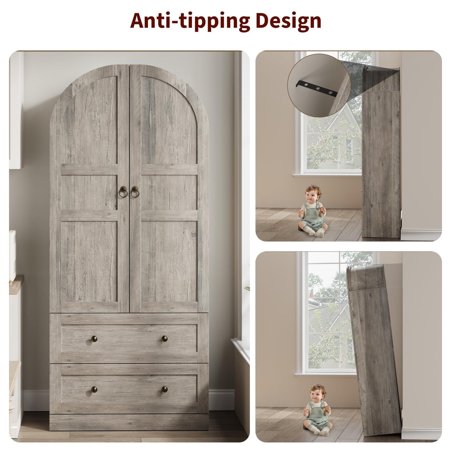 GAOMON 72" Arched Kitchen Pantry Cabinet, Wooden Freestanding Storage Cupboard with Doors, Drawers & Adjustable Shelves, Versatile Farmhouse Pantry for Dining and Living Room, Rustic Gray