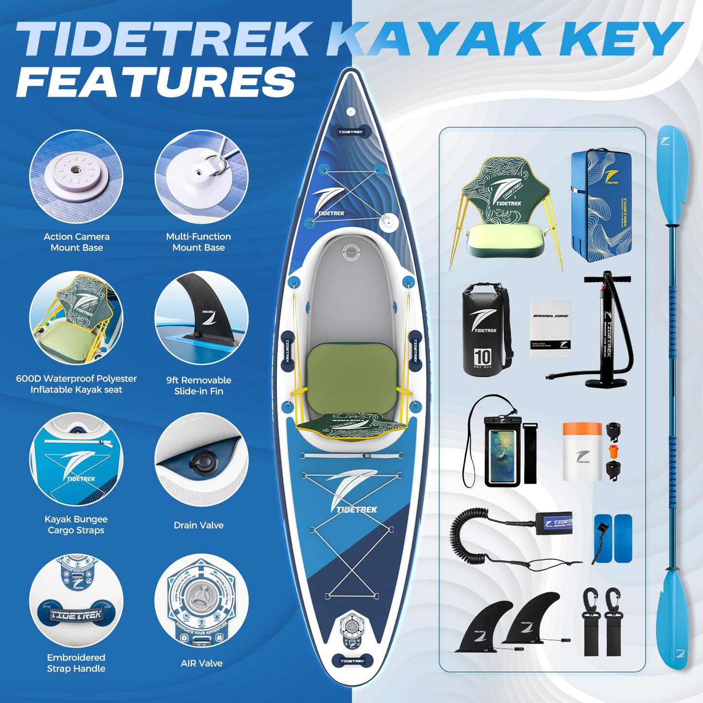 TIDETREK Inflatable Touring Kayak with Waterproof Seat & Premium Accessories, 11'3" x 35" x 8" Ultra-Stable SUP Kayak Hybrid, Non-Slip Comfort Deck for Adults & Youth (Deep Blue Current)