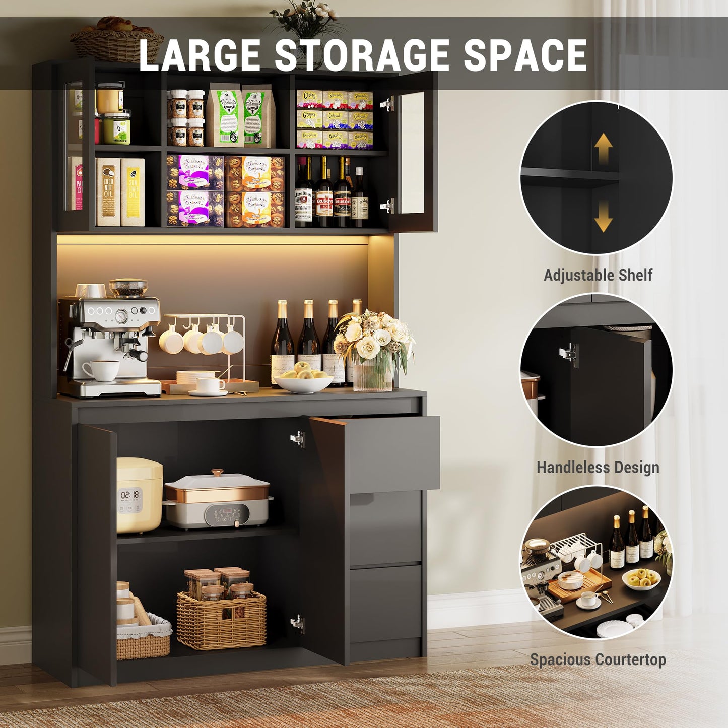 Garvee Kitchen Pantry Cabinet,71 in Tall Storage Cabinet with Doors and Shelves Adjustable, Kitchen Storage Hutch with Microwave Shelf, Led Lights and Charging Station,Corner Pantry Cabinet, Black