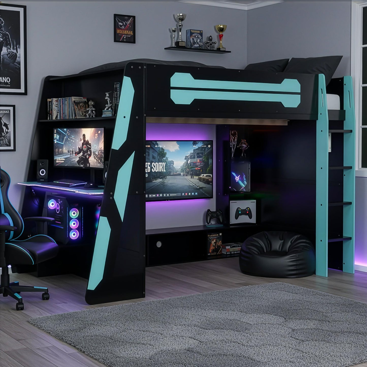Merax Full Size Loft Bed with Desk and Multi-Storage Shelves, Wooden Gaming Loft Bed Frmae with Light and Charging Station, Space-Saving Bed with Safety Guardrail, No Box Spring Needed, Blue