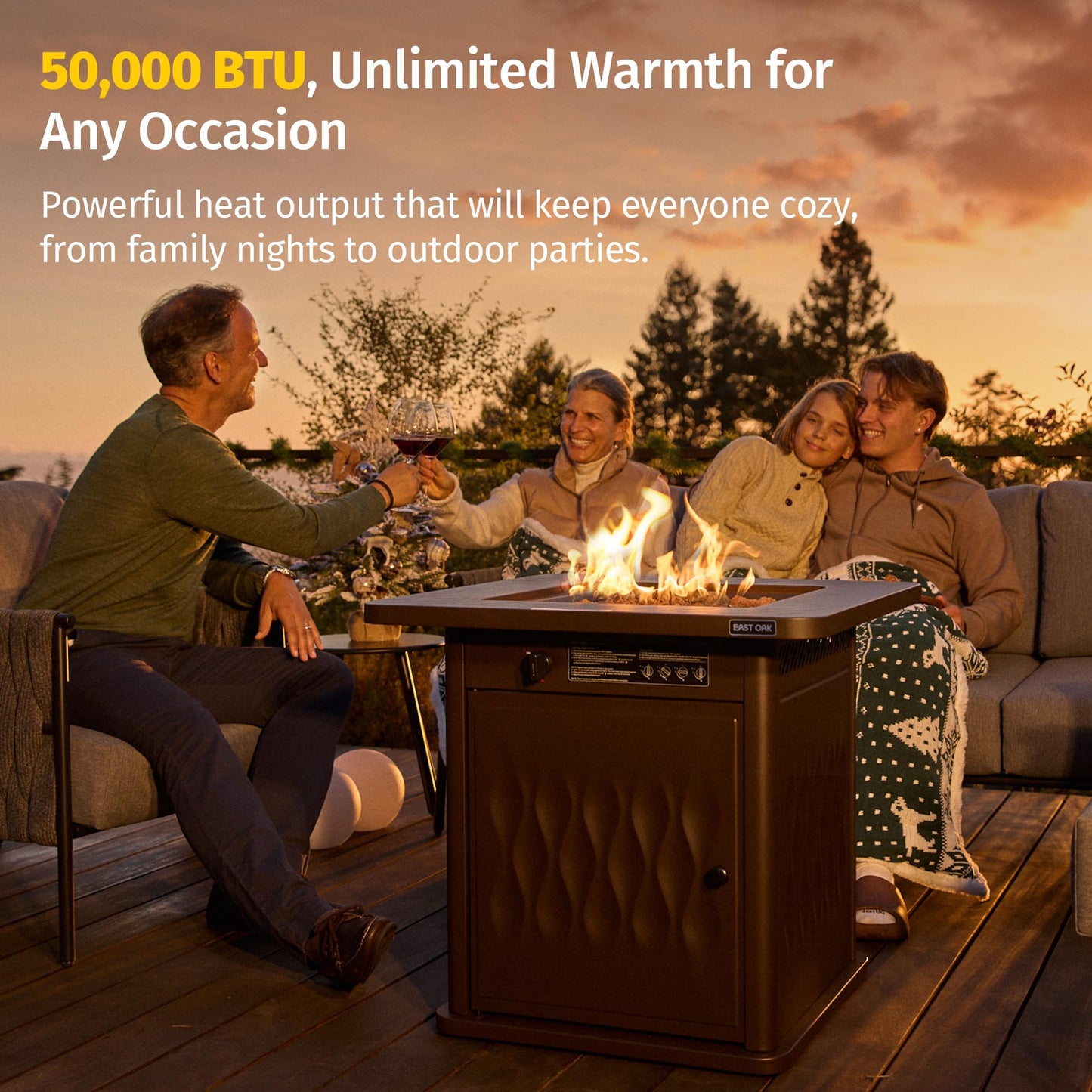 East Oak 28'' Propane Fire Pit Table, 50,000 BTU Steel Gas FirePit for Outdoor, Outside Patio Deck and Garden, CSA Certified Fire Table with Magnetic Lid, Cover-Storage Basket and Lava Rock, Brown