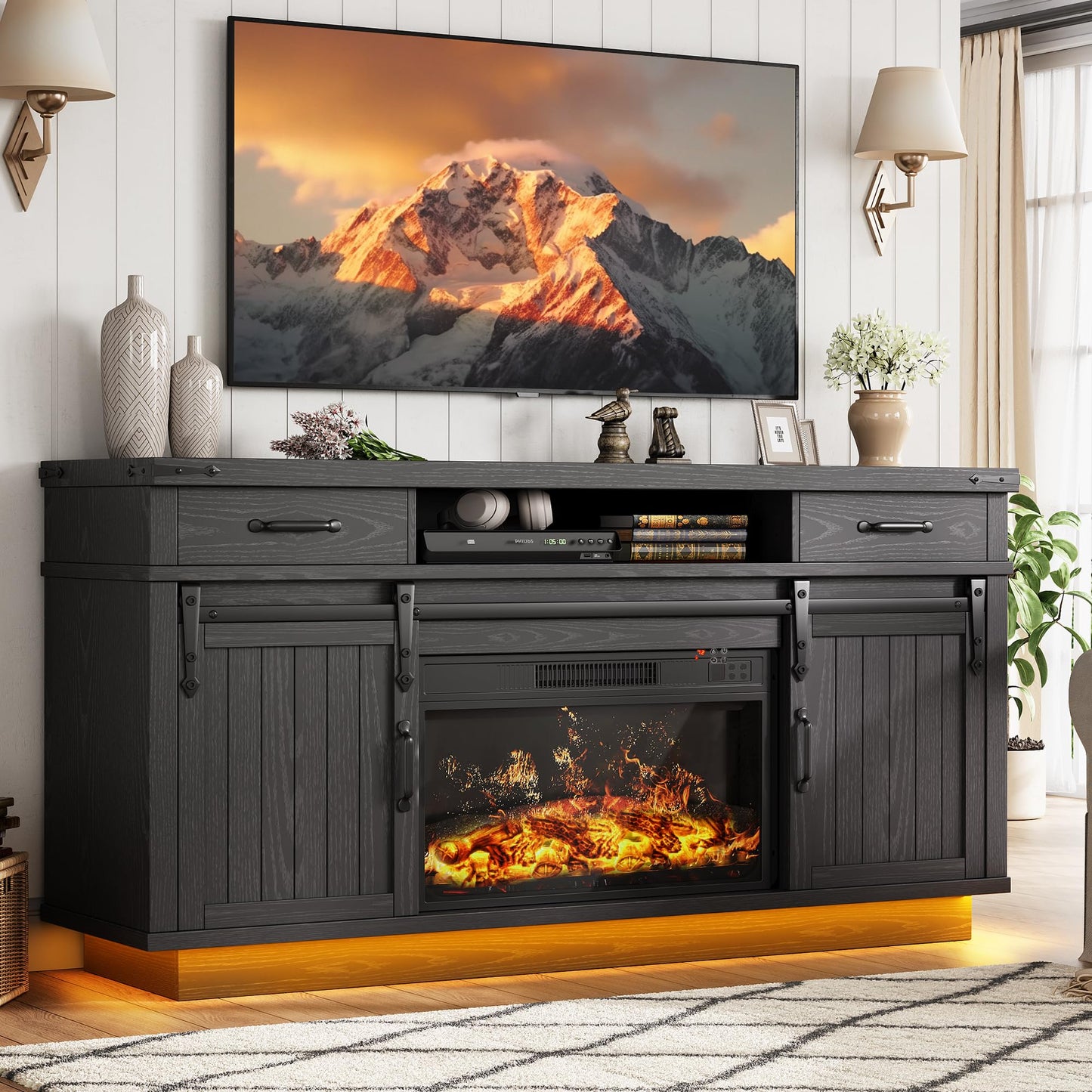 Jocoevol Fireplace TV Stand for TVs up to 65", Electric Fireplace with 3D Flame, Farmhouse LED Light Entertainment Center TV Console with with 2 Drawers, Sliding Barn Door for Living Room - Black