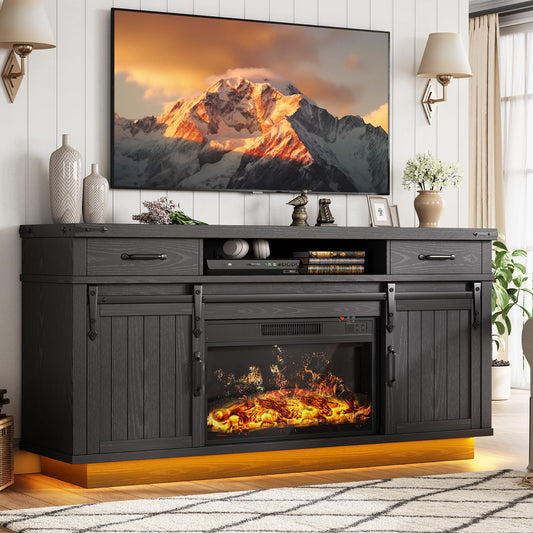 Jocoevol Fireplace TV Stand for TVs up to 65", Electric Fireplace with 3D Flame, Farmhouse LED Light Entertainment Center TV Console with with 2 Drawers, Sliding Barn Door for Living Room - Black