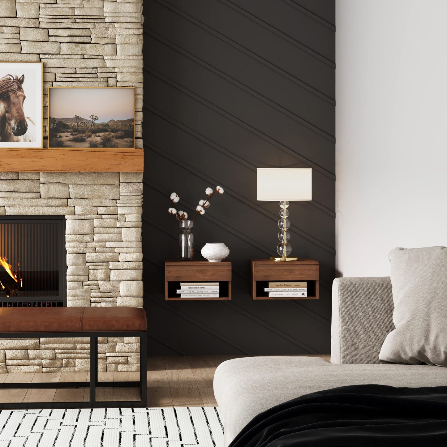 Nathan James Jackson Wall Mounted Floating Bedroom Nightstand with Storage Drawer and Modern Open Shelf Cubby Set of 2, Dark Brown Walnut
