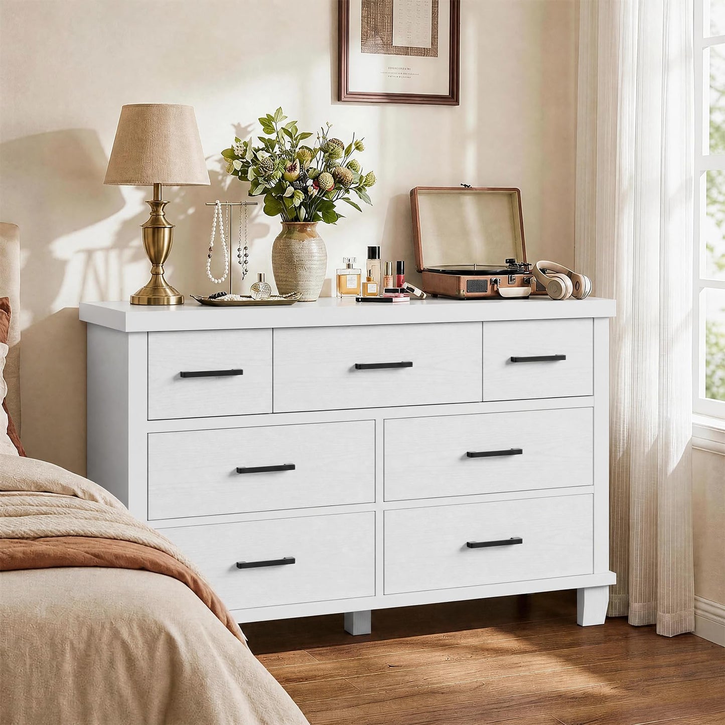 IDEALHOUSE Dresser for Bedroom with 7 Drawers, White Storage Chest of Drawers with Metal Handle, Wooden Dresser Organizer for Living Room,Closet,Entryway,Nursery
