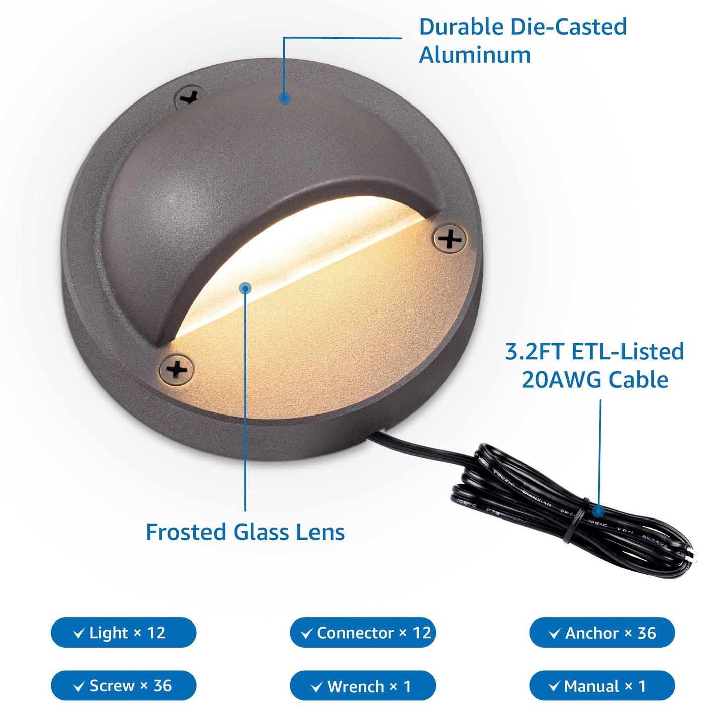 SUNVIE Low Voltage Deck Lights 5W LED Warm White 12 Pack Outdoor Landscape Lighting 3000K with Fastlock2 Connector