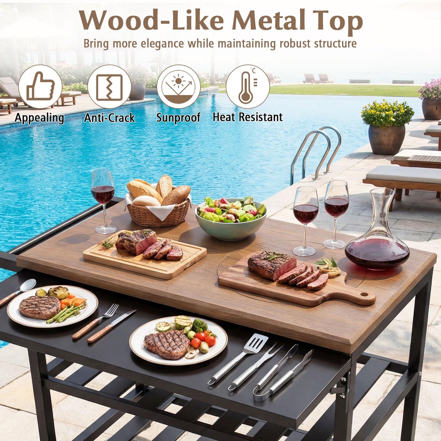 Giantex Outdoor Grill Cart with Korean BBQ Charcoal Grill, Dual Cooking Surfaces, Rolling Food Prep Table with Foldable Side Shelf, Storage Shelves, Wood-Look Top, for Patio, Party & Backyard Cooking