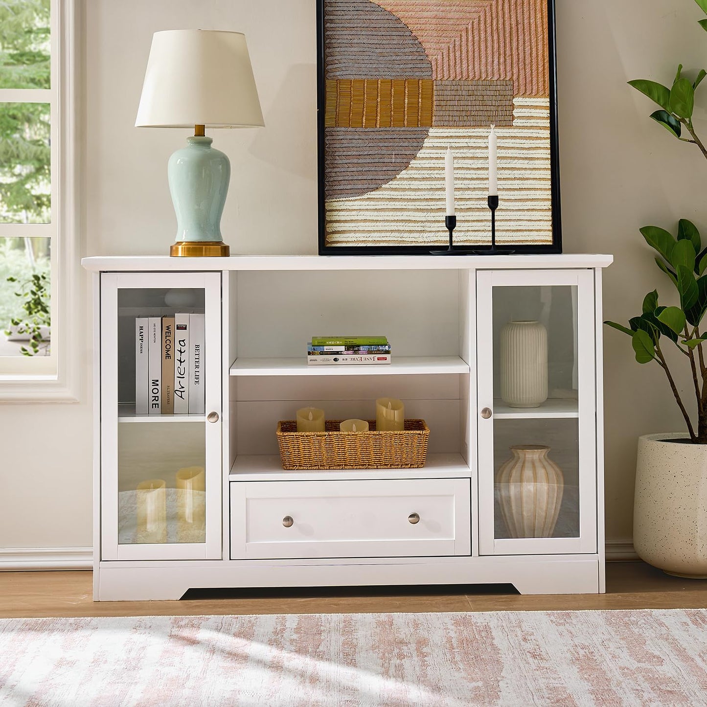 GDFStudio 51" Modern Storage Cabinet with Doors & Drawer, Large Buffet Sideboard Cabinet with Adjustable Shelves, Farmhouse Credenza Console Table Coffee Bar for Living Room Dining Room Kitchen, White