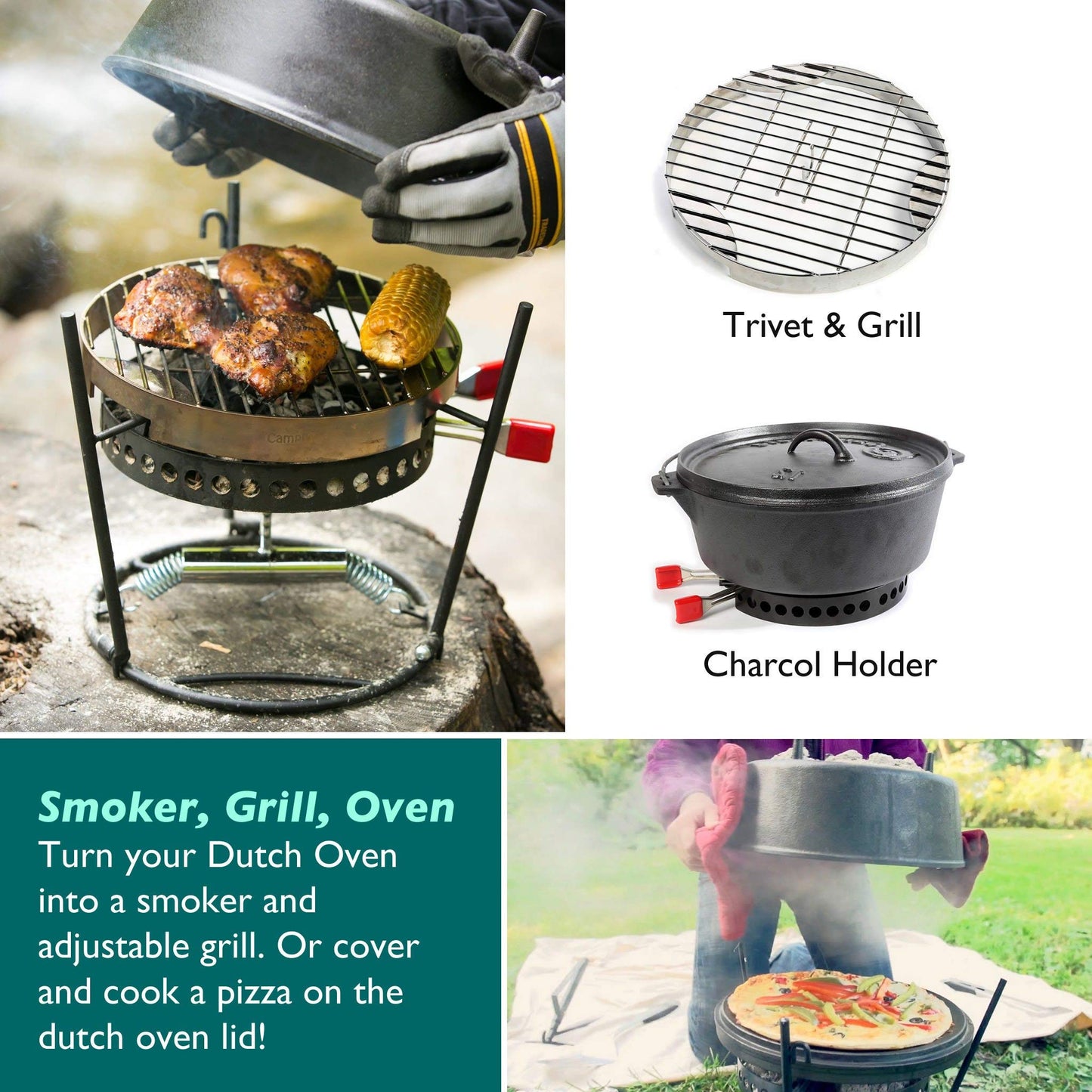 CampMaid Outdoor Cooking Set - Dutch Oven and Tools Set - Charcoal Holder & Cast Iron Grill Accessories - Camping Grill Set - Outdoor Cooking Essentials - Camp Kitchen Equipment - (8 Piece Set)