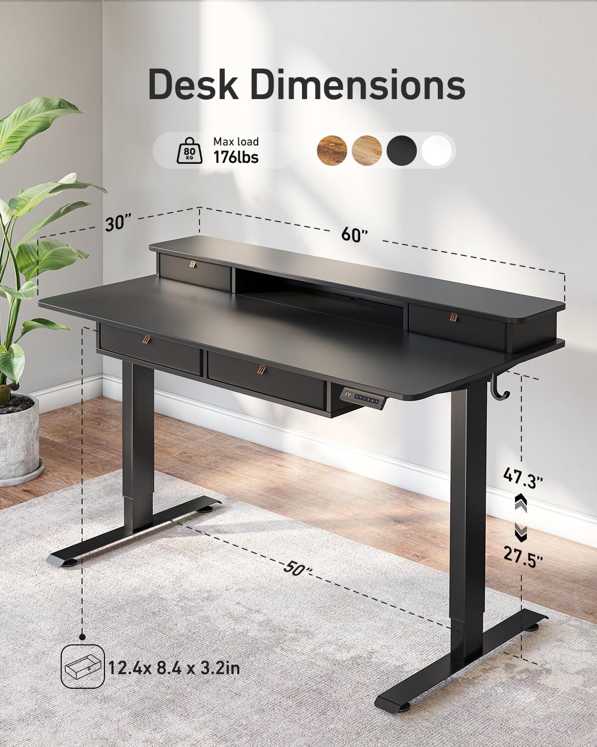 CubiCubi 60" x 30" Standing Desk with Drawers, Height Adjustable Electric Workstation, Computer Sit Stand Up Table with Large Storage Shelf 4 Drawers and 2 Hooks, Black