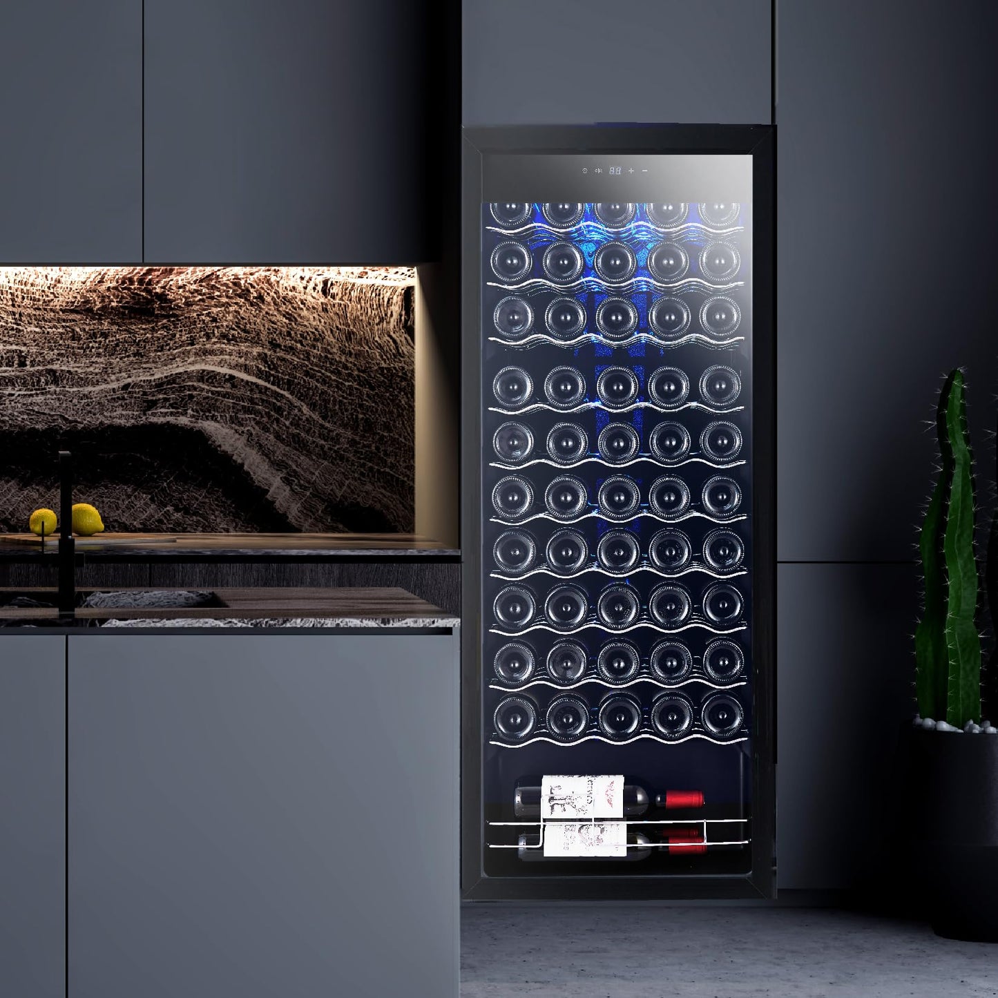 15 Inch Wine Cooler Refrigerator, 55 Bottle Single Zone Freestanding Wine Fridge with Glass Door, Digital Temp Control, Adjustable Shelves, Fast Cooling Compressor, 110V/60Hz for Home Bar Kitchen