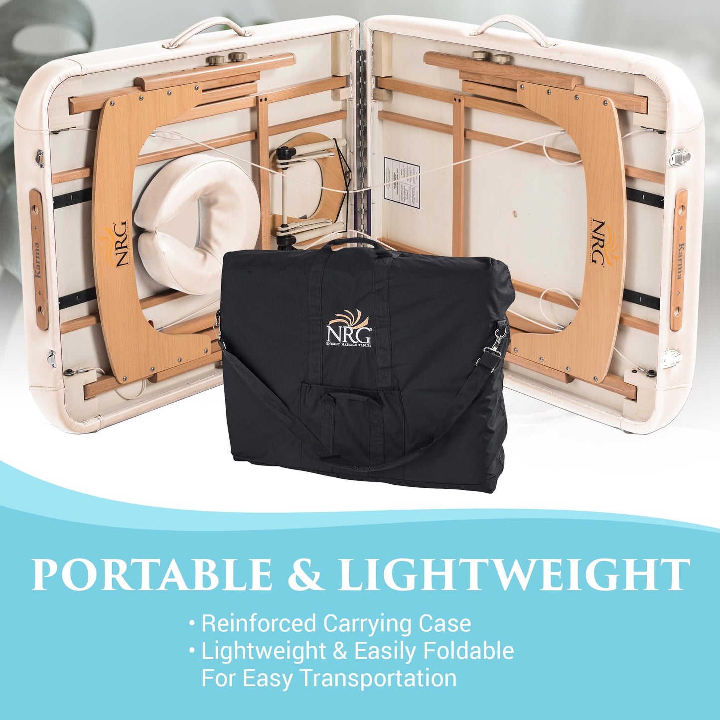 NRG Karma Portable Massage Table Package | Vanilla Cream | Folding Lightweight Massage Bed | Professional Spa Table with Face Cradle, Double Wheel Knobs & Carrying Case