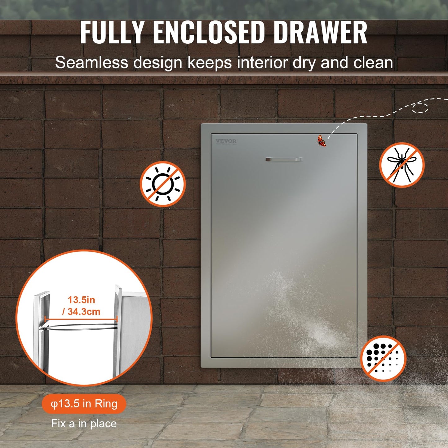 VEVOR Outdoor Kitchen Trash Drawer, 19.7"W x 29"H x 15.7"D Inch, Outdoor Kitchen Cabinets, Stainless Steel BBQ Island Drawers, Trash Pull Out Drawer, Outdoor Grill Drawers, BBQ Trash Bin(Not Included)