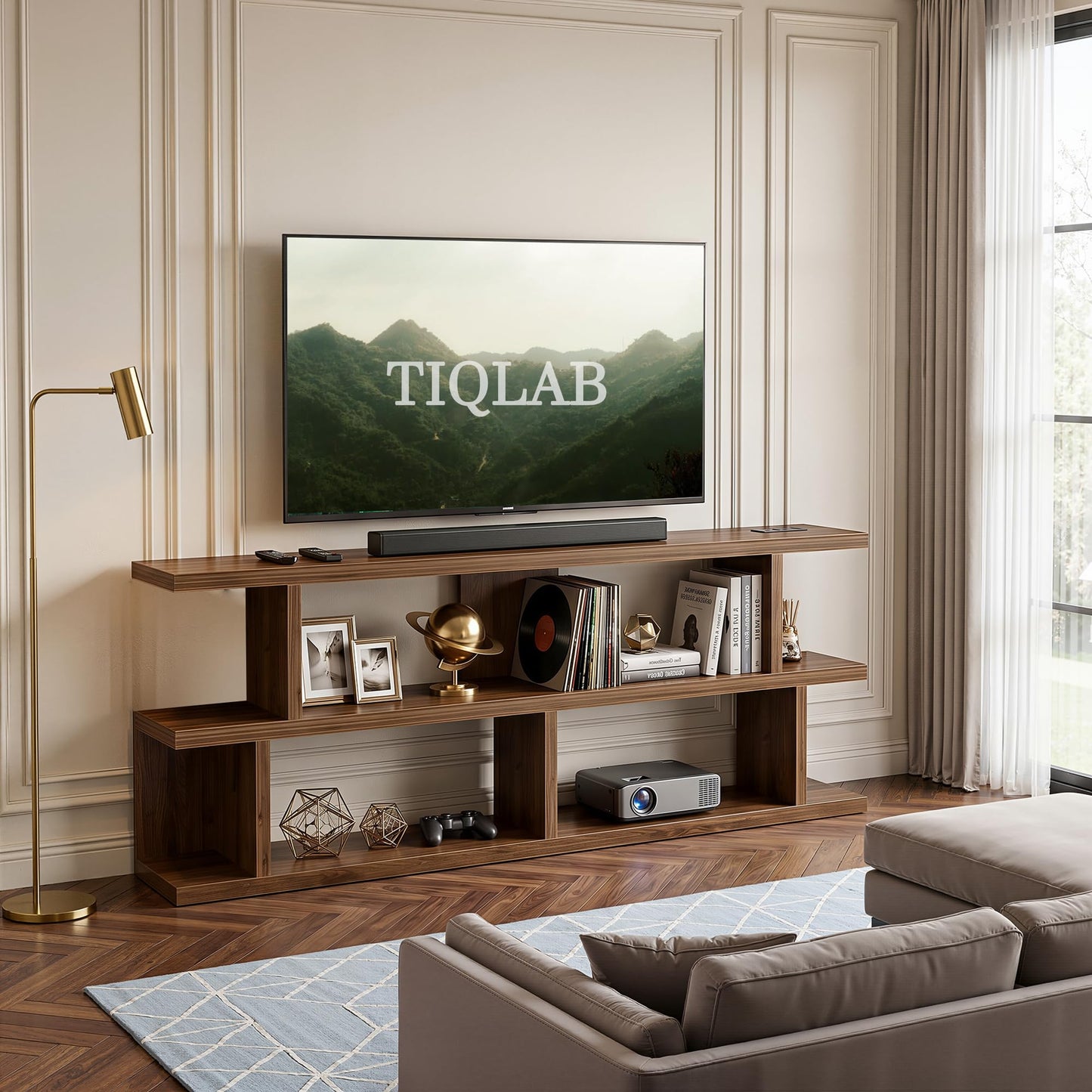 TIQLAB 71 Inch TV Stand Console Table with Power Outlets, Black Walnut
