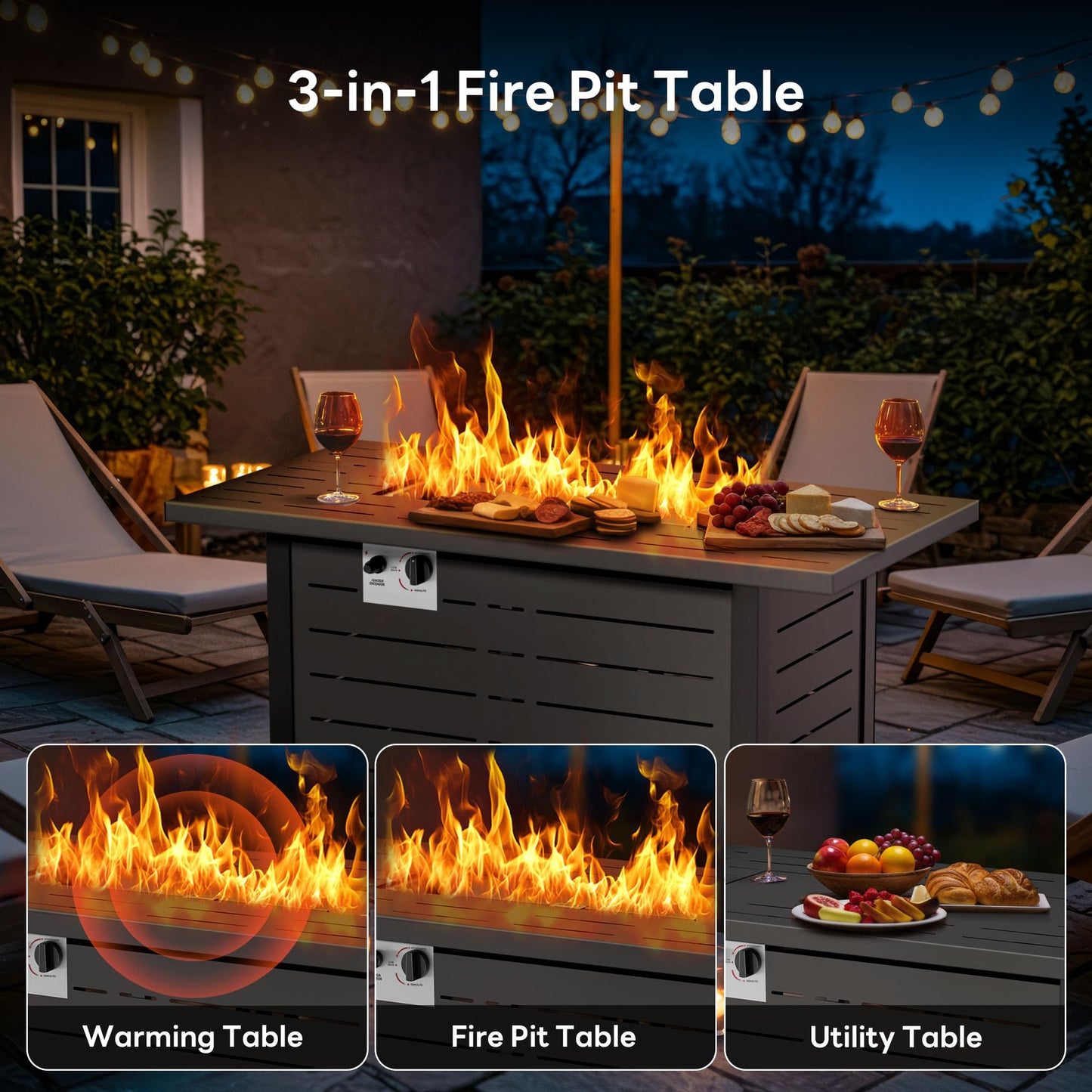 Electactic 43 Inch Propane Fire Pit, 3-in-1 Multi-Use Outdoor Fire Pit Table, 50,000 BTU Steel Gas Fire Pit with Lid & Lava Rock, Add Warmth and Ambience for Patio Deck Garden, Outdoor Gatherings