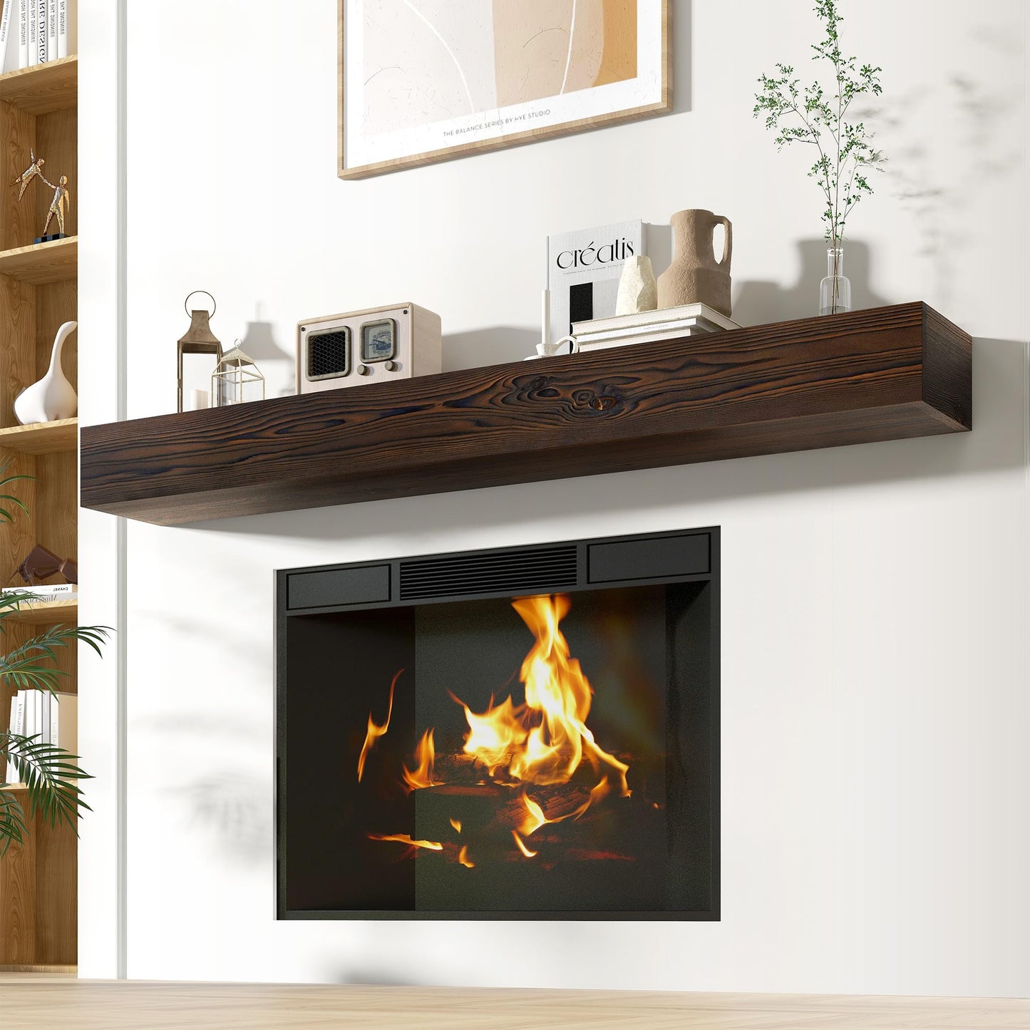 Acovy Floating Fireplace Mantel Shelves, 72x8x5 Inches Natural Wooden Floating Shelf for Over Fireplace, Wall-Mounted Mantel Shelf for Living Room and Home Decor, Rustic Brown