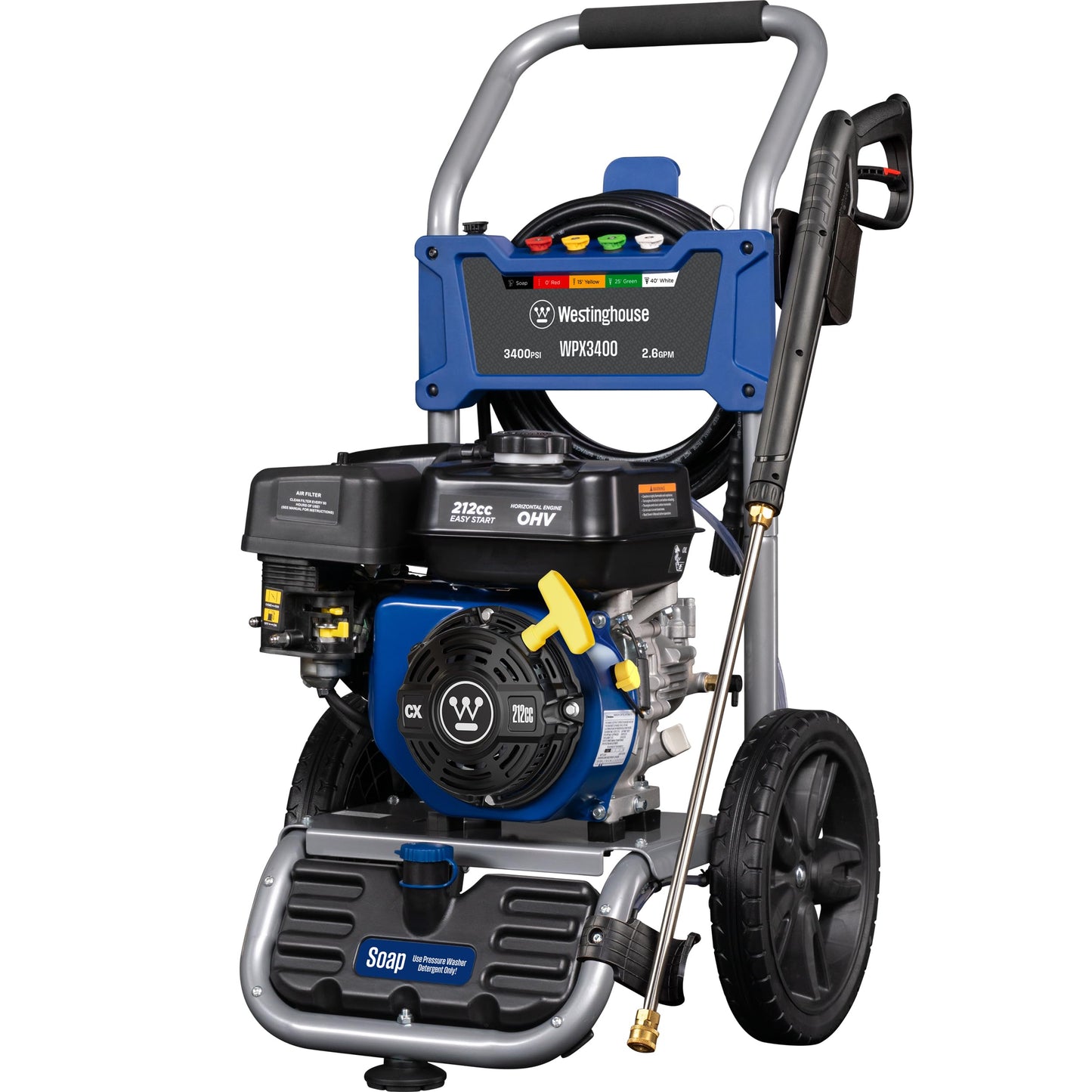 Westinghouse WPX3400 Gas Pressure Washer, 3400 PSI and 2.6 GPM, Onboard Soap Tank, Spray Gun and Wand, 5 Nozzle Set, for Cars/Fences/Driveways/Homes/Patios/Furniture