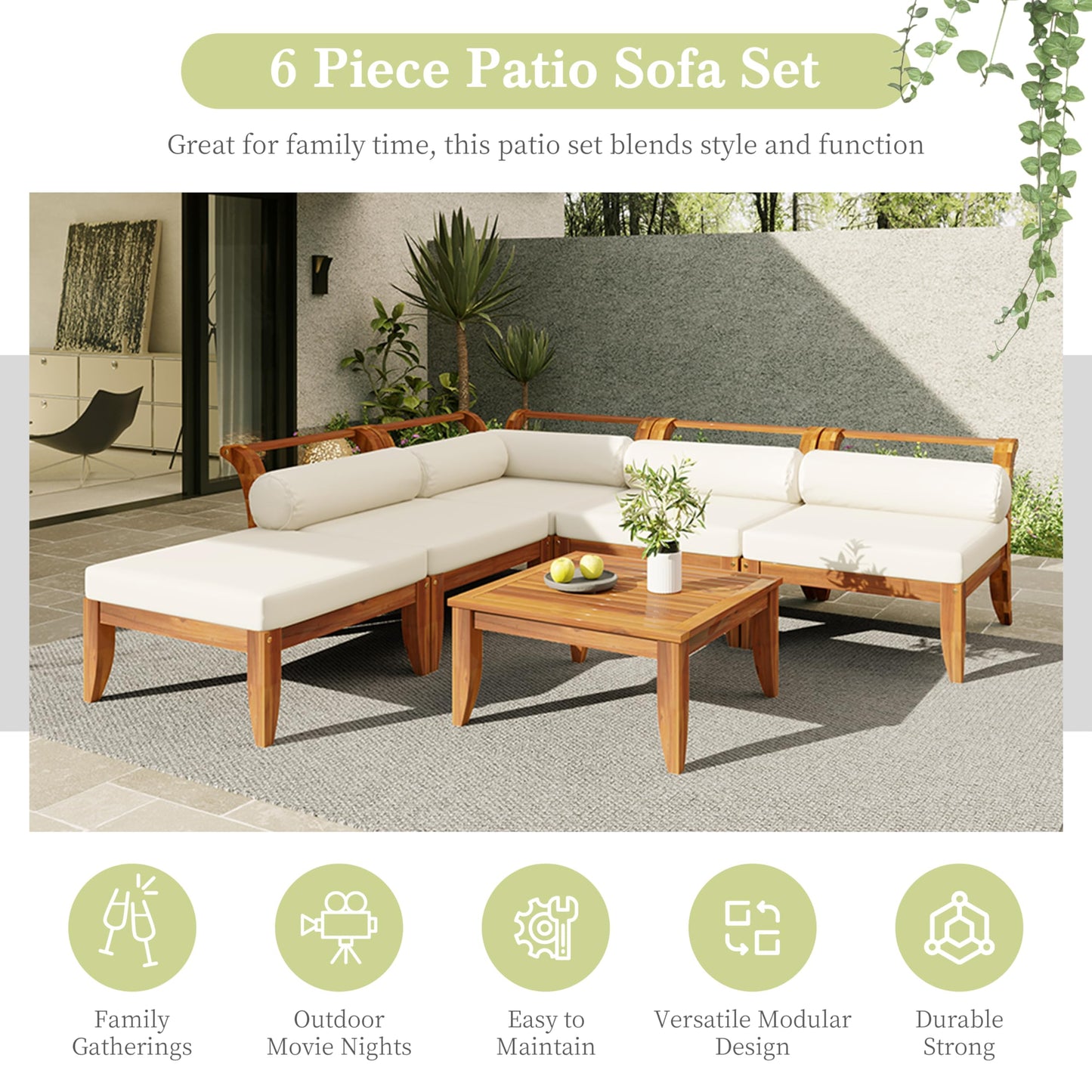 Merax 6 Pieces Patio Furniture Set, Outdoor L-Shaped Sectional Sofa Set with Coffee Table, Acacia Wood Conversation Seating & Cushions and Lumbar Pillows, for Garden, Poolside and Backyard, Teak+Beige