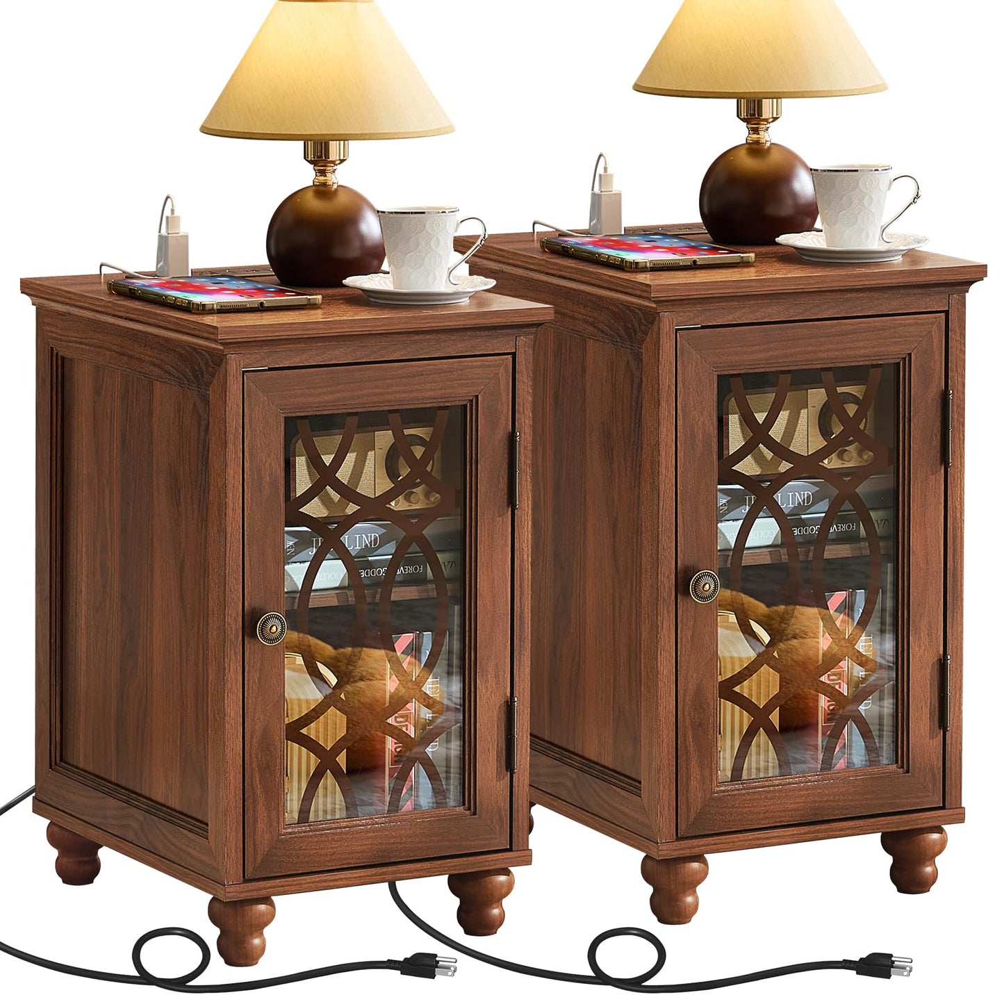 Joaxswe Narrow Side Table with Charging Station Set of 2, Night Stand with Glass Door,Bedside End Tables with Adjustable Shelf Storage Cabinet,Wood Nightstand for Small Spaces Living Room Bedroom