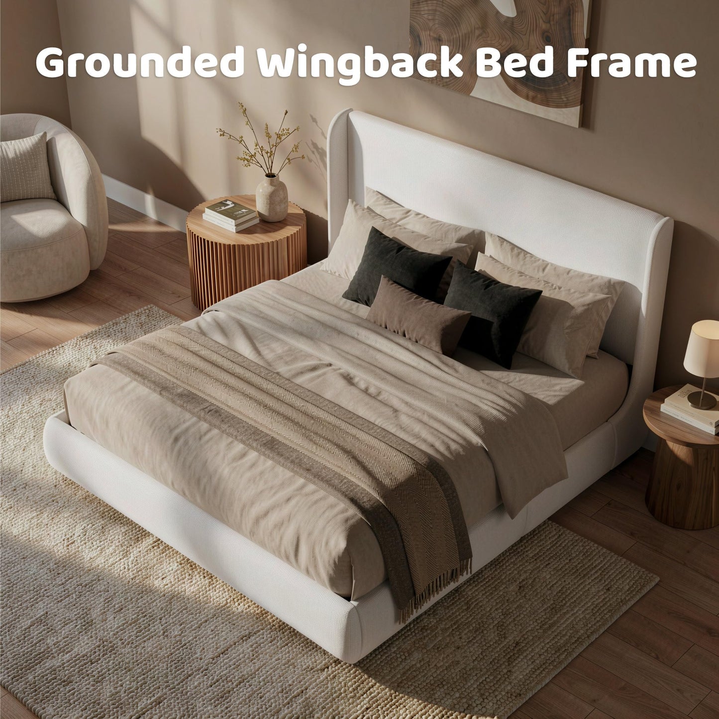 RECCI King Upholstered Wingback Bed Frame with Storage Drawers, 52” Tall Cushioned Headboard, Soft Edges, Low Profile Platform Bed, Sturdy Wood Slats, No Box Spring Needed, Ivory White Canvas