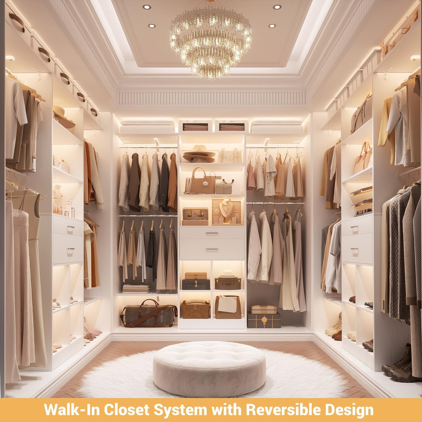 5FT Closet Organizer System with Wooden Drawers, 60 Inches Walk In Closet System With 5 Hanging Rods, Can Fit 1.58 to 6.8 FT with Reversible Hanging Shelving, White