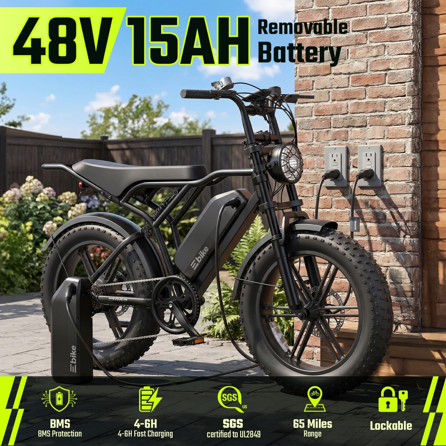 TS TST GRP LLC Electric Bike for Adults, Peak 1500W Motor Retro Ebike, Range 65Miles, 48V 15Ah Removable Battery, 20"x4" Fat Tires, Full Suspension, Off-Road E Bike for City Commuting