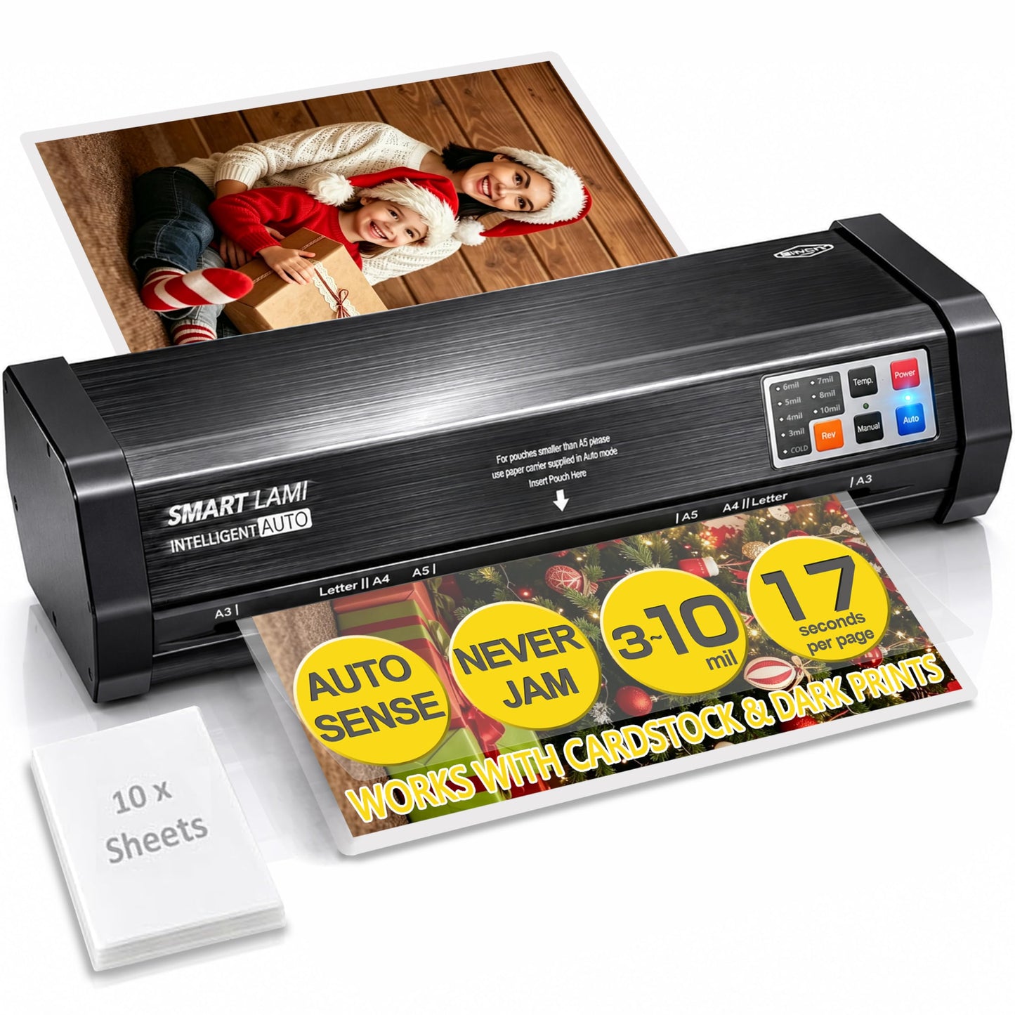 SINCHI Auto Sense 13" Heavy-Duty Laminator for Business & School, 3–10 Mil, 50s Warm-Up, 17s/Sheet, Works with Cardstock & Dark Prints, Never-Jam, Laminates 11x17, Includes 10 Sheets