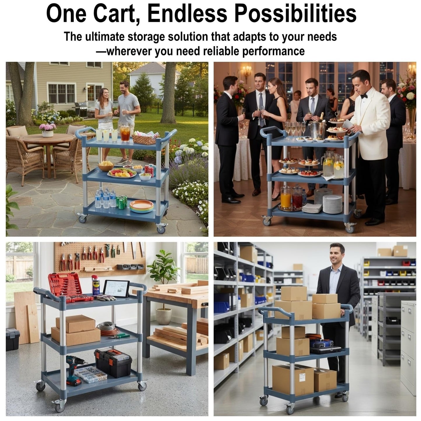 Aimoly 3-Tier Rolling Utility Cart on Wheels, 540 lbs Capacity Utility Service Cart, Commercial Kitchen Cart with 4 Lockable Swivel Casters for Restaurant/Home/Warehouse/Office (40x 19.41x 38.58 in)