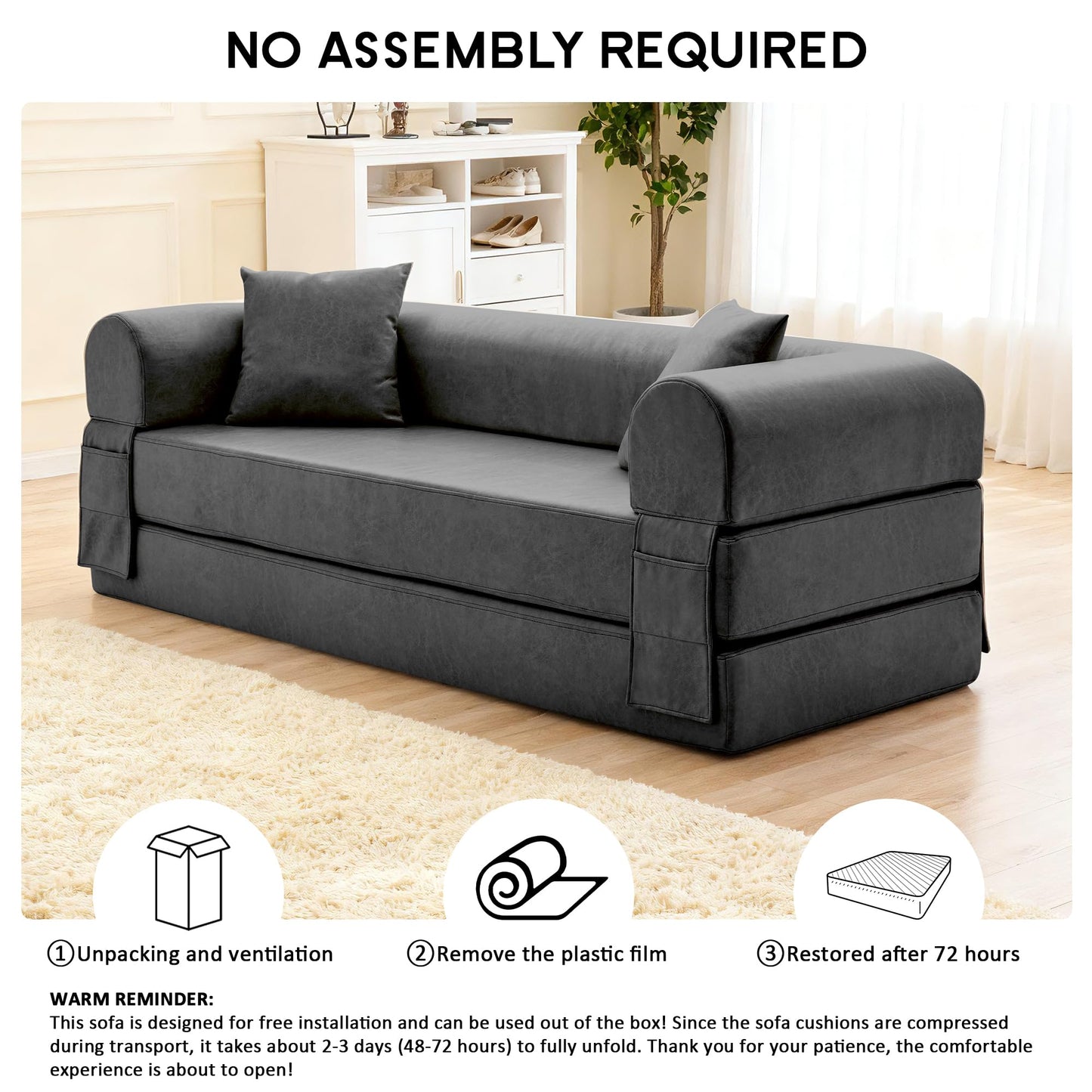 78.5" Convertible Sleeper Sofa Bed, Faux Leather Folding Floor Sofa with Pullout Bed&2 Pillows, No Assembly Modern Boneless Couch Compression Sofa in Box with Storage Pocket for Living Room, Gray