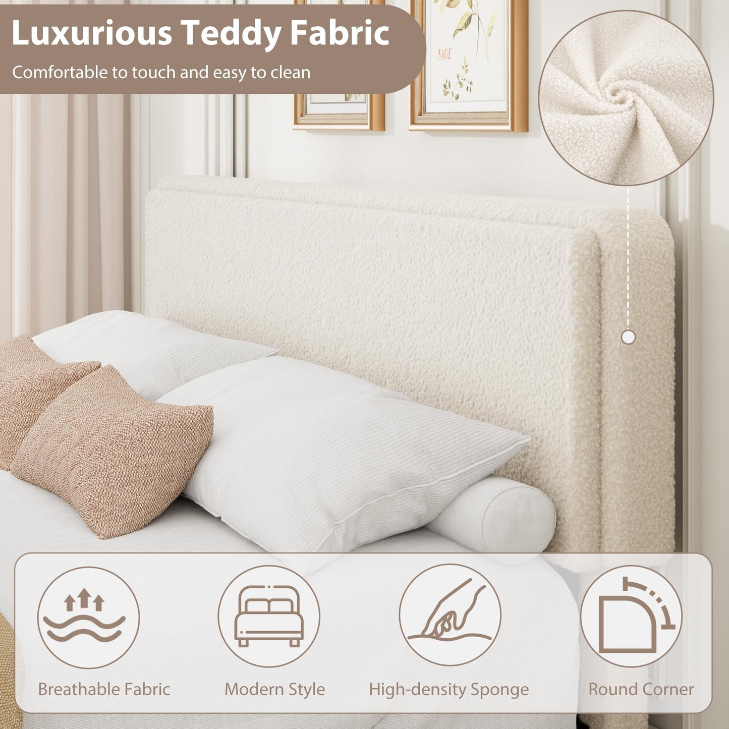 Garvee King Size Teddy Fleece Bed Frame, Upholstered Platform Bed with 2 Storage Drawers, Height Adjustable Cloud Headboard, Thick Soft Teddy Fabric Bed, Modern Style, No Box Spring Required, Cream