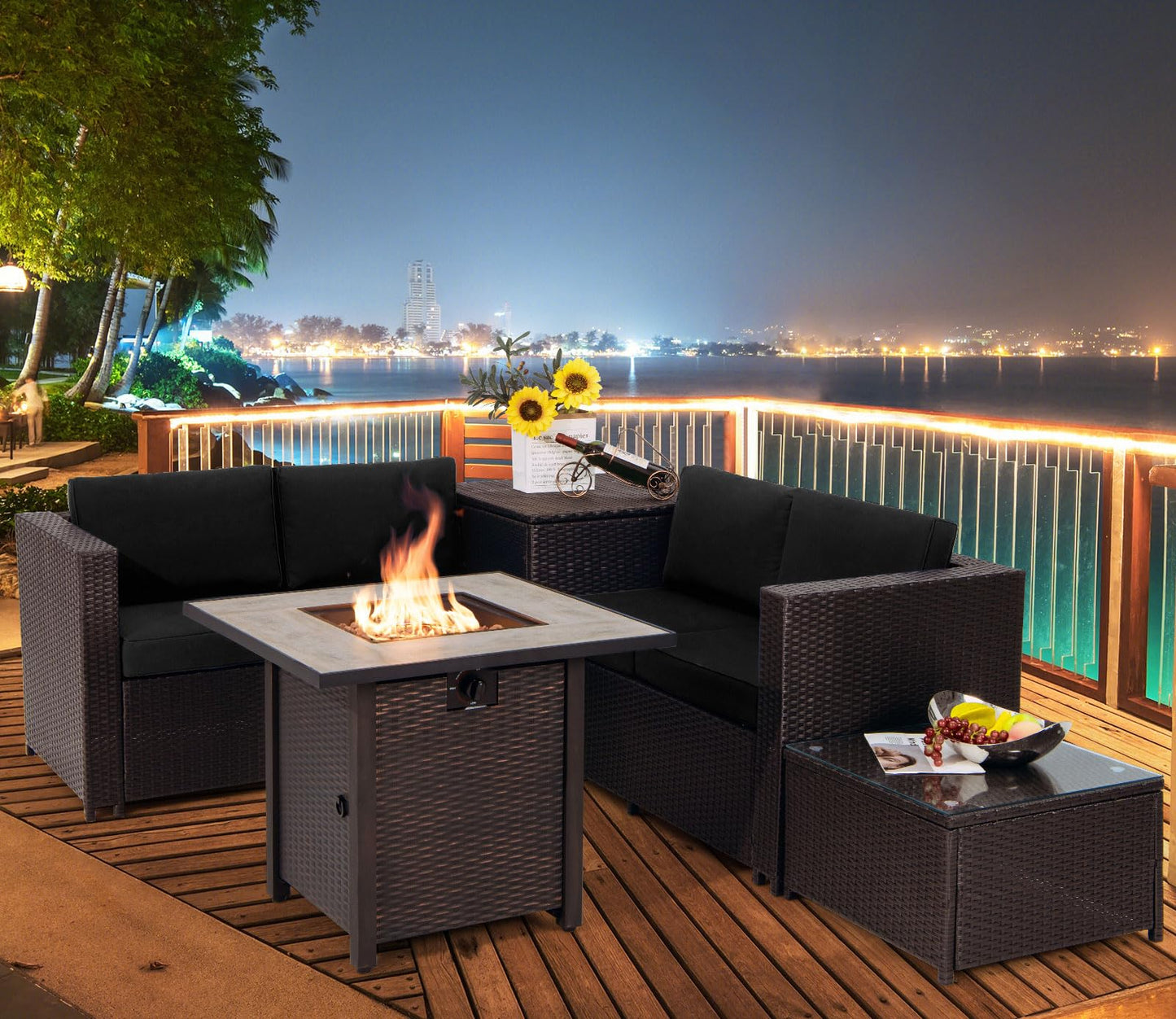 Tangkula 5-Piece Patio Furniture Set with 30 Inches Gas Fire Pit Table, Outdoor Wicker Conversation Sectional Sofa Set with Storage Box and Coffee Table, 50,000 BTU Propane Fire Pit Table (Black)