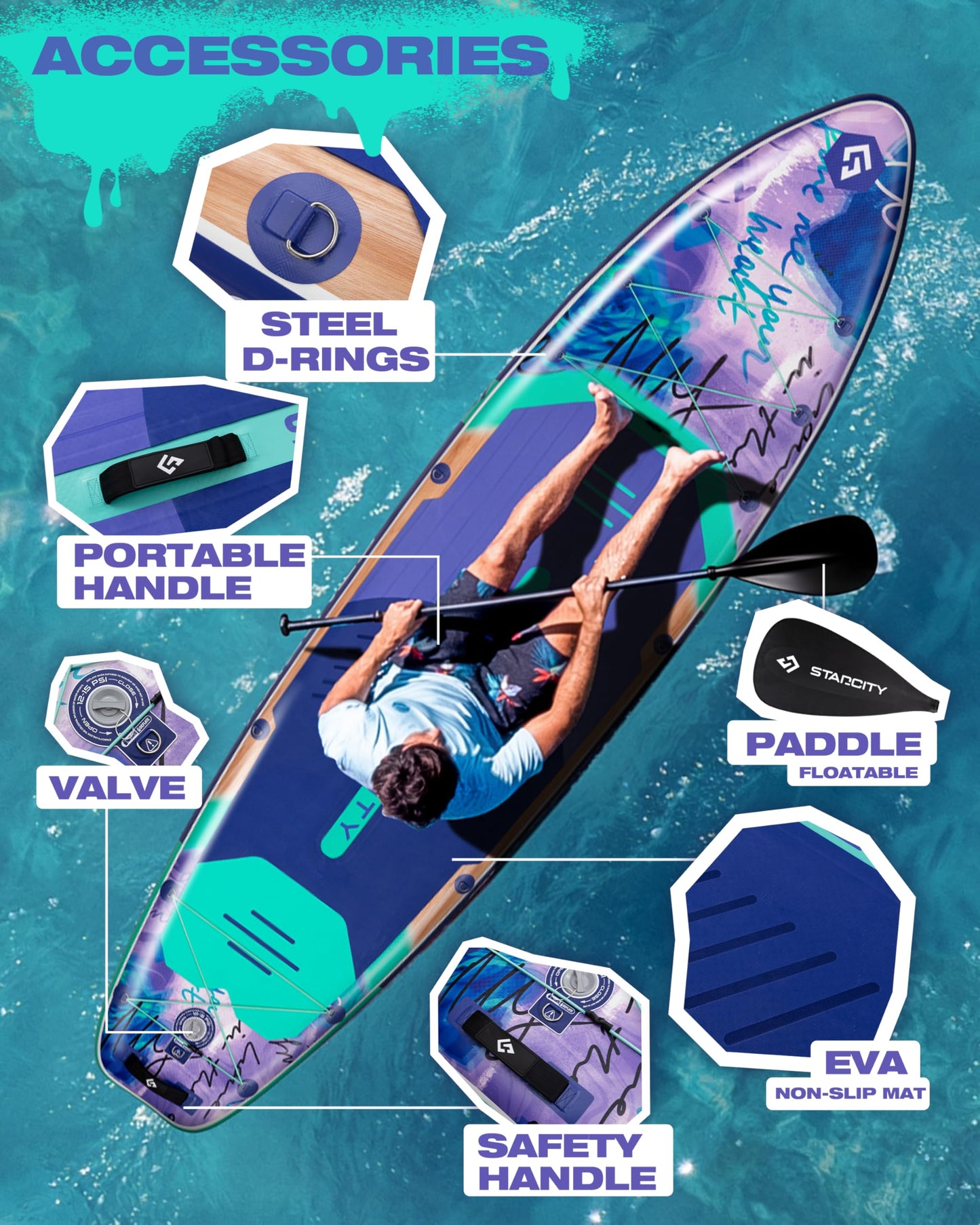 Starcity Inflatable Stand Up Paddleboard 450 Pound Capacity 11'6"×35"×6" High Load Design Extra Wide Responsive Tracking for Lake Ocean Touring Beginners Family Friendly W/Complete Accessories