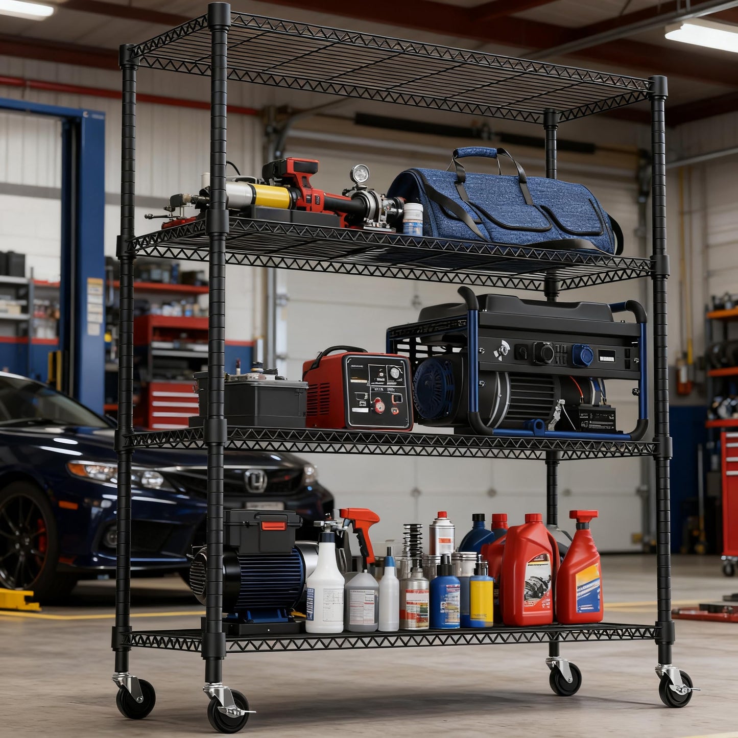 M MZG 1400LBS 47.2" W 4 Tiers Storage Shelves Metal Shelving Unit with Wheels Heavy Duty Garage Shelving Adjustable Wire Shelves for Pantry,Kitchen,Garage,Basement,Black 17.7" D x 47.2" W x 62.7" H