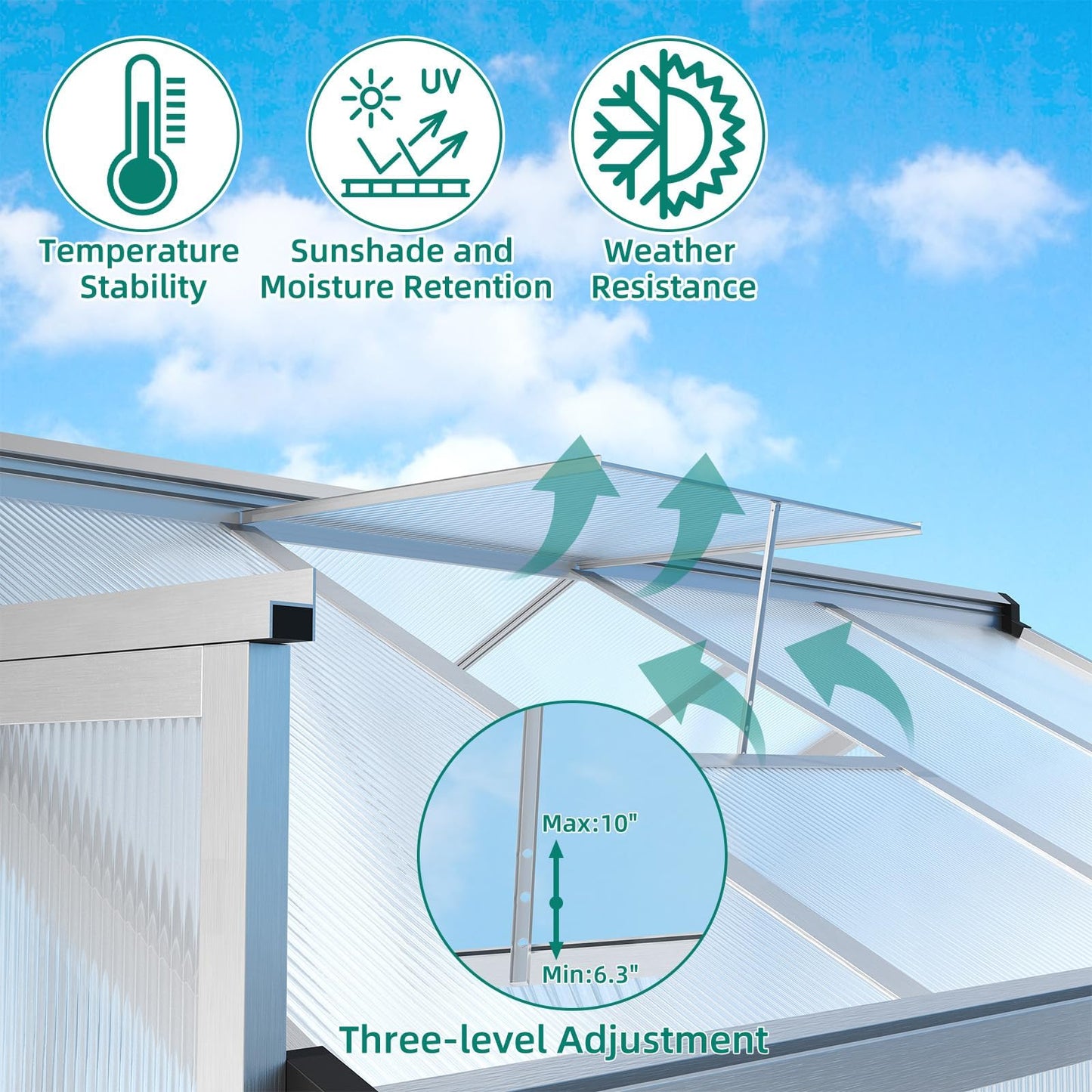GAOMON 6 x 8 ft Greenhouse for Outdoor with Sliding Door, Green House with Polycarbonate Panel & Ajustable Roof Vent & Ground Nails, Walk-in Aluminum Greenhouses for Garden, Patio
