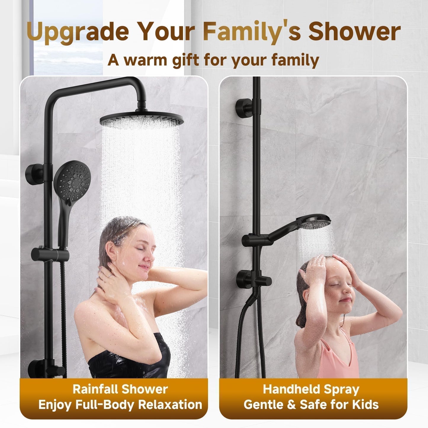 BRIGHT SHOWERS Rain Shower System Combo - 9 Inch Rainfall & Handheld Shower Heads with Power Wash, Solid Brass Rail, Height Adjustable Holder, 60 Inch Long Stainless Steel Hose, Matte Black