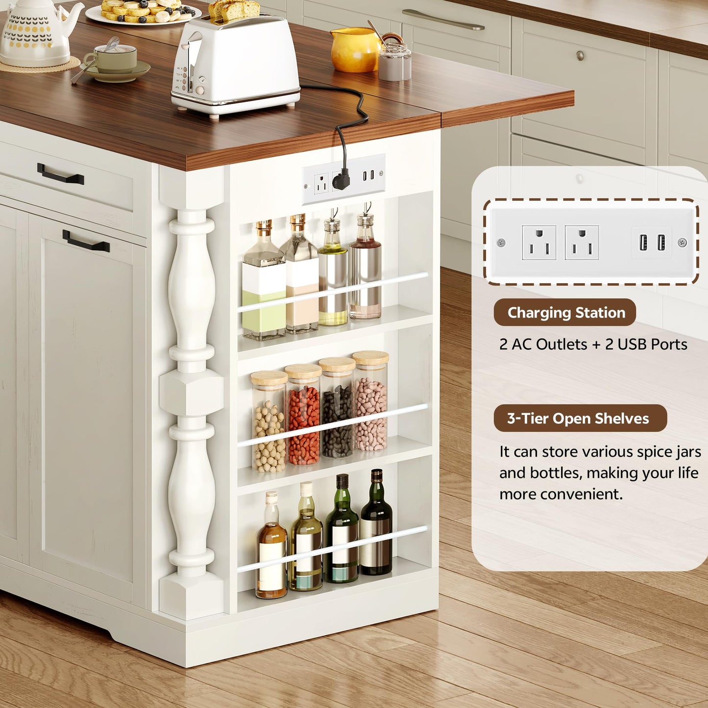 Homiflex Kitchen Island on Wheels, Islands Table with Power Outlet & Trash Cabinet, 47.6" Roman Kitchen Island with Drop Leaf Tabletop, Coffee Cart with Spice Rack & Drawers & Cabinets Rolling Islands