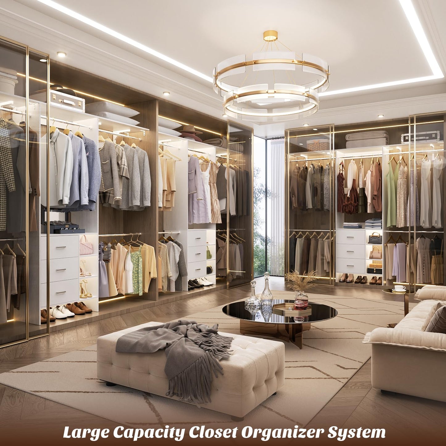 Aheaplus Closet System, Closet Organizer with 3 Wooden Drawers, 8FT Closet Organizer System, 96’’ Walk-in Closet Wardrobe Clothes Rack with Hanging Rods, Garment Rack, Fits 5.3-9 ft, -W3,White