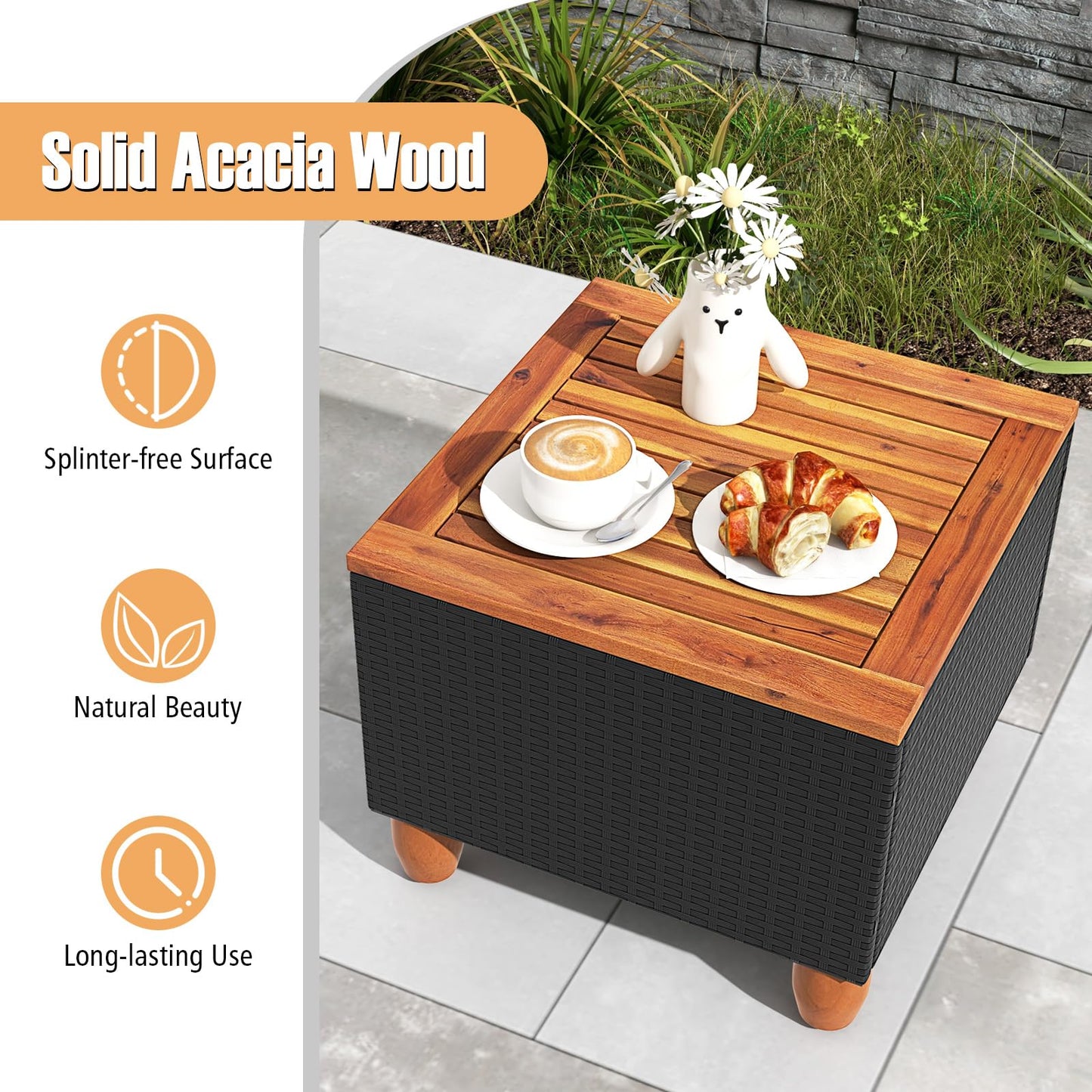 Tangkula 3 Pieces Patio Porch Furniture Set, PE Rattan Wicker Chair Conversation Set with Cushions and Storage Table, Outdoor Acacia Wood Bistro Set for Garden, Poolside (White)