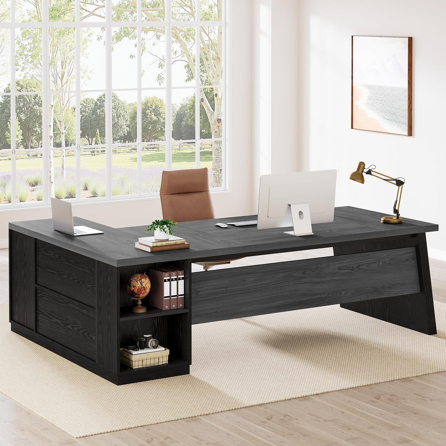 Tribesigns 78" L Shaped Desk with Drawers, Lage Office Desk with Storage Shelves, Modern Corner Computer Desk for Home Office (Gray and Black)