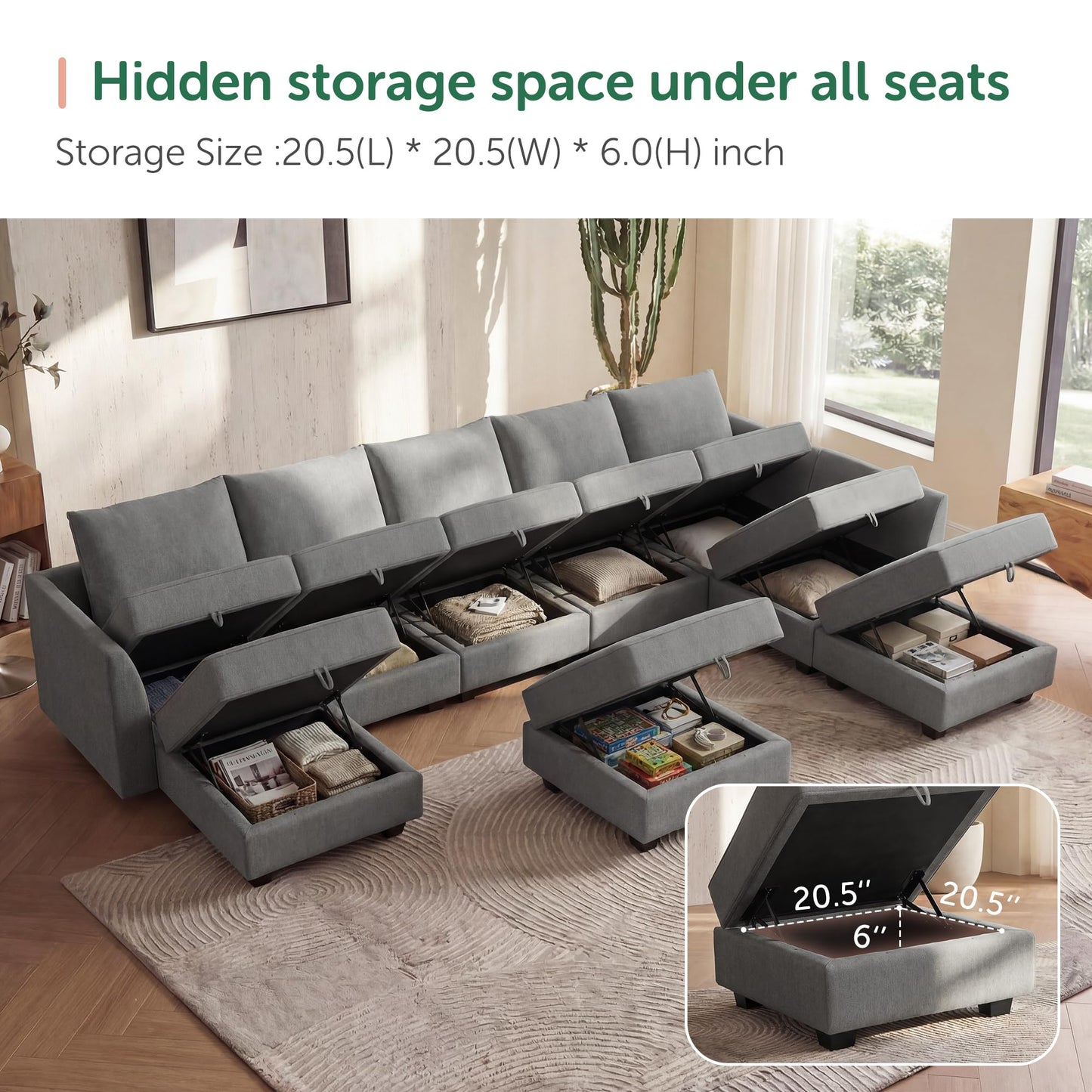 HONBAY Oversized Modular Sectional Sofa with Storage Seats Reversible Couch with Ottomans U Shaped Modular Sectional Couch for Living Room, Grey