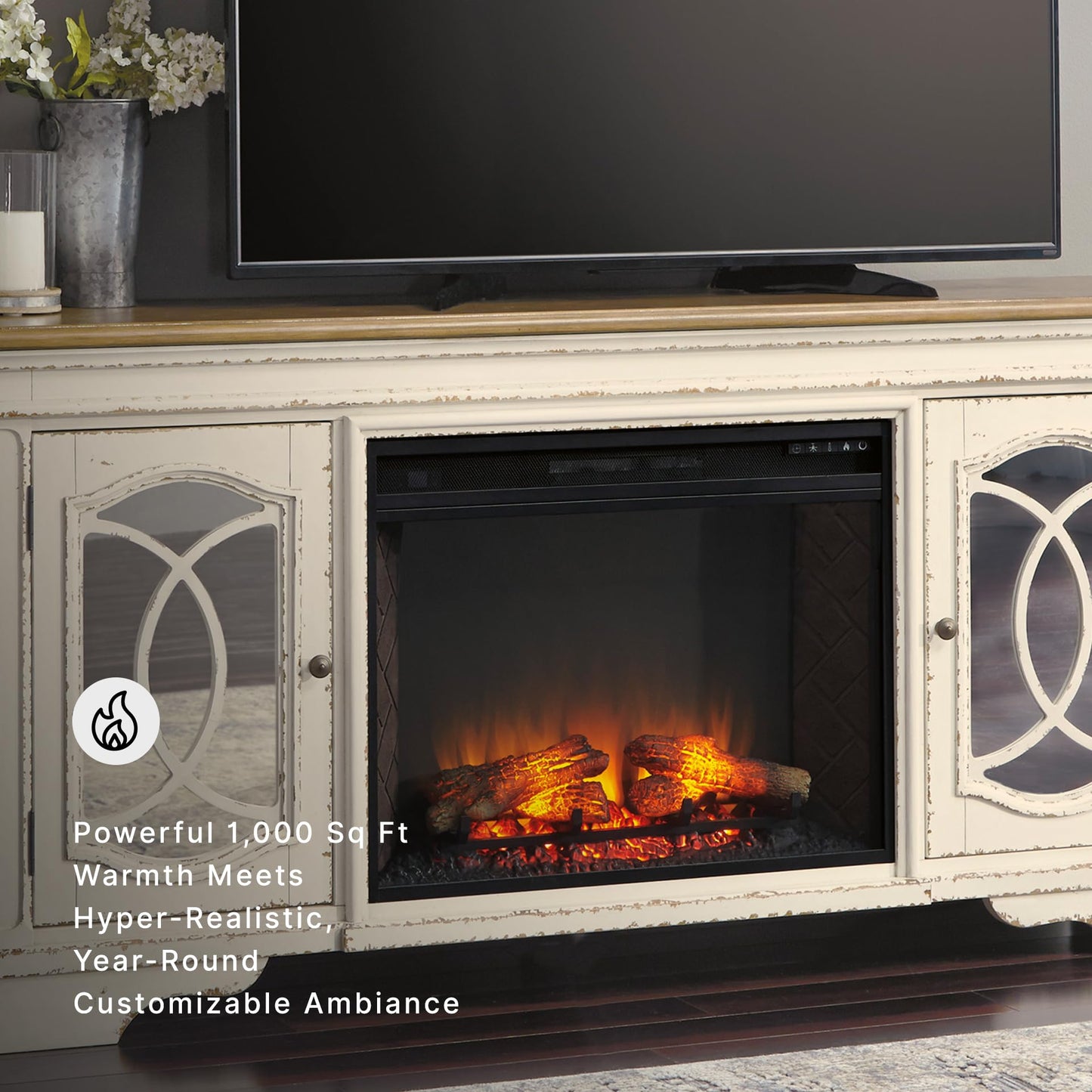 Signature Design by Ashley Realyn Fireplace TV Stand, 74 Inch Cottage Style Media Console, Wood, Engineered Wood and Veneers, Electric Infrared Insert, Fits TVs up to 85 Inch, Chipped White