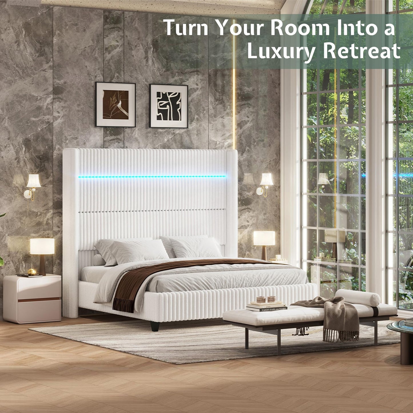Jocisland King Faux-Fur Upholstered Bed Frame with 60" Wingback Headboard, Built-in LED/Charging, Noise-Free, Easy Assembly, No Box Spring, for Family with Kids/Pets & Luxury Bedroom, White