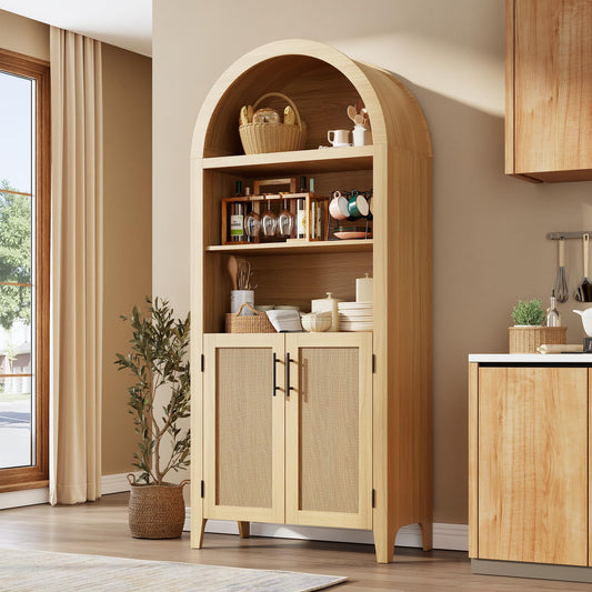 IDEALHOUSE Arched Kitchen Pantry Cabinet with Doors - 5-Tier Open Display Shelf with Rattan Decor, Farmhouse Storage Cabinet for Kitchen, Dining Room, Living Room, Natural