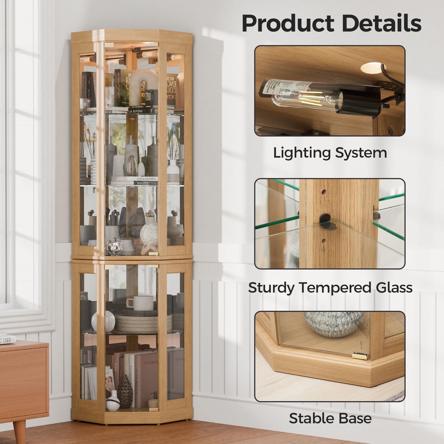 Trygoal 70" H Lighted Glass Display Cabinet, 3-Side Corner Curio Cabinet with Tempered Glass Doors, Elegant China Cabinet Dis, Accent Cabinet with Adjustable Shelves for Living Room, Light Oak