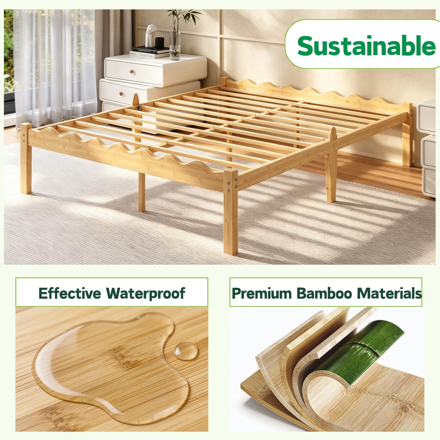 Askeld 14 Inch Solid Wood Queen Size Platform Bed Frame, Heavy Duty Farmhouse Style Bamboo Queen Bed Frame No Box Spring Needed, Noise-Free, Easy Assembly