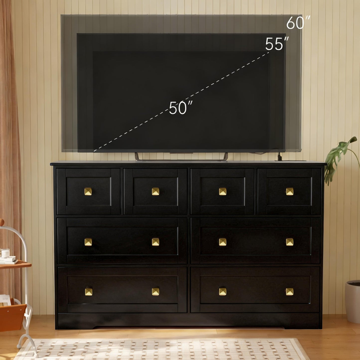 AXCIGOC 8 Drawer Dresser for Bedroom with Power Outlets Wide Chest of Drawers with Smooth Guide Rail Modern Wooden Dressers with Metal Handle Large Dresser Bedroom Living Room Hallway Closet Black