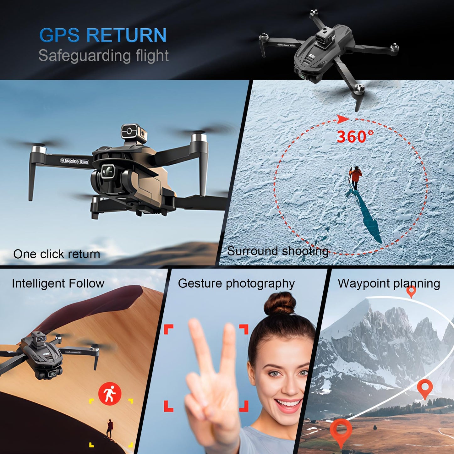 RAIGNV V168 4K UHD Drone with GPS Return, 90° Adjustable Camera, 5G HD Transmission, 30 Min Flight, 3000M Range, Obstacle Avoidance, Brushless Motor, Follow Me & Waypoint Fly