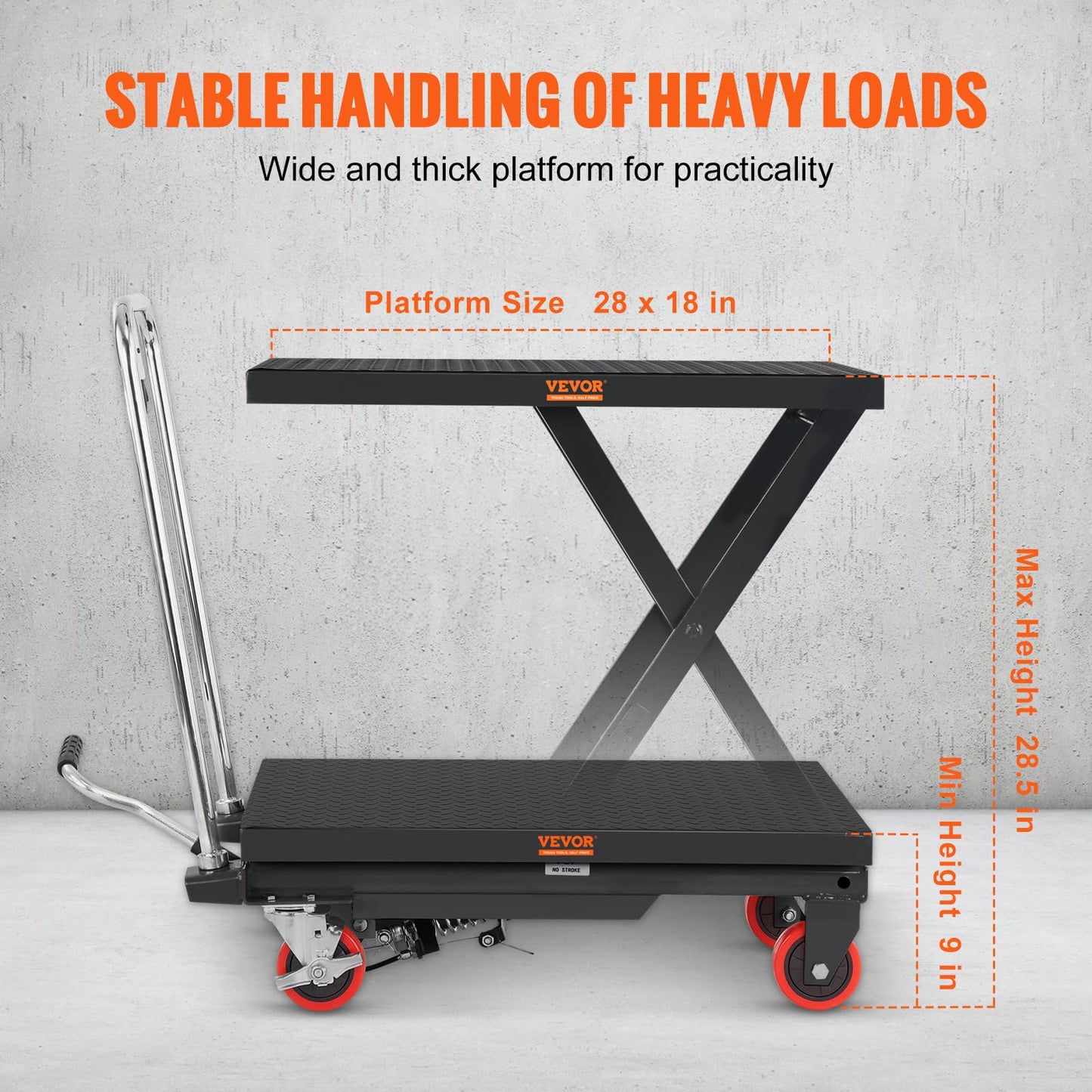 VEVOR TF23 Hydraulic Lift Table Cart, 500lbs Capacity 28.5" with 4 Wheels and Non-Slip Pad, for Material Handling and Transportation, Black